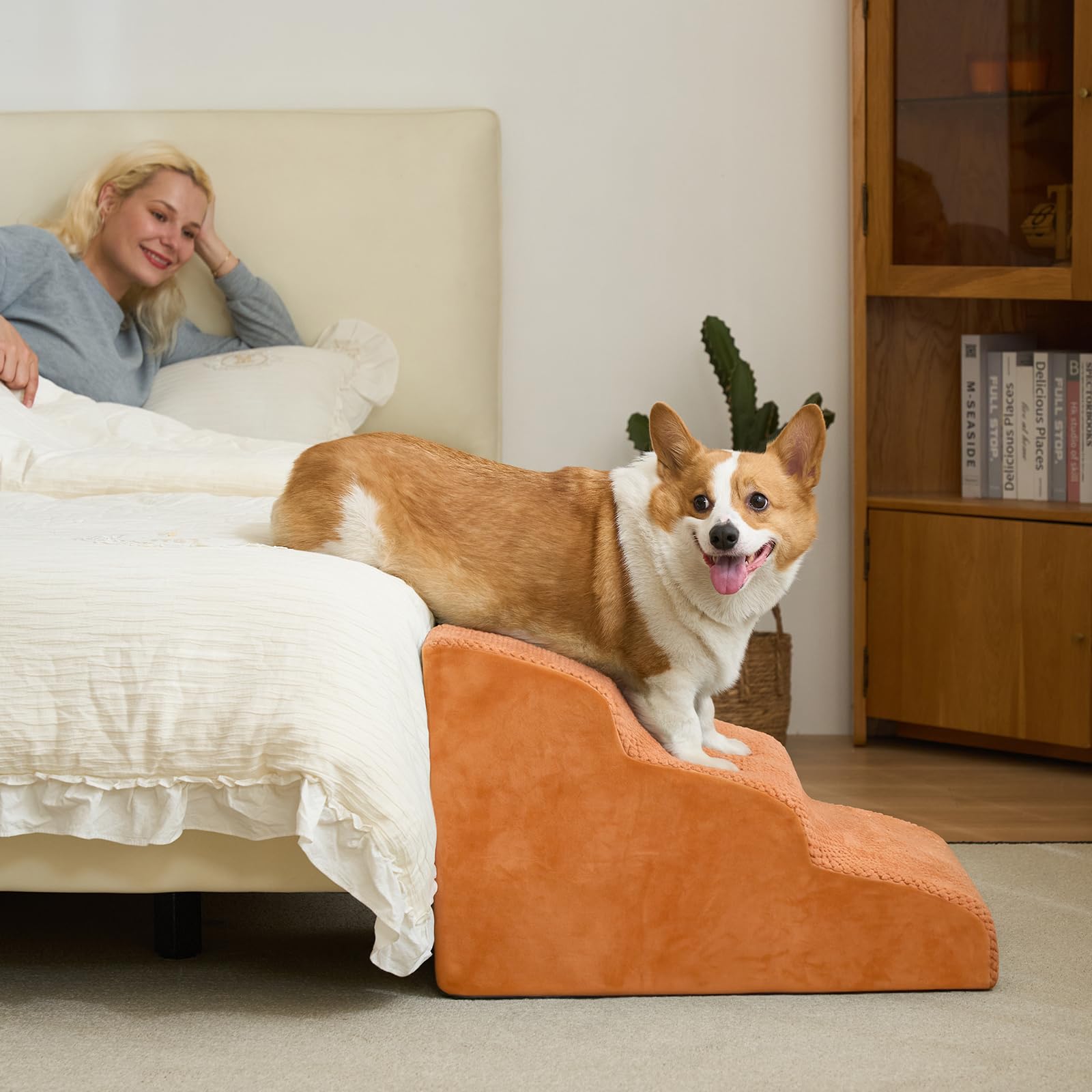 Dripex Curved Dog Stairs for Beds Couches, 3-Step Dog Steps with Durable Non-Slip Fabric Cover, Dog Slope Stairs for Small Dogs, Cats or Pets Friendly, Orange