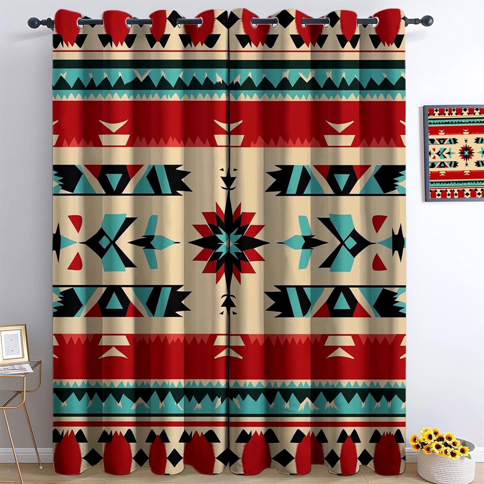 Blackout Curtains Geometric Native American Design 36” W x 84” L 3D Printed Eyelet Thermal Insulated Curtains for Kids Teens Boys Girl Bedroom Playroom — image 1