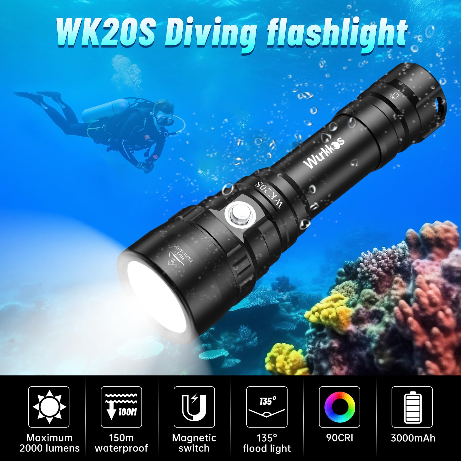 Wurkkos Torcia Subacquea da 2000 Lumen, Impermeabile Fino a 150 m, Torcia Sub con SST40 LED, IPX-8 Impermeabile, incl. 1 * 3000mAh potenza