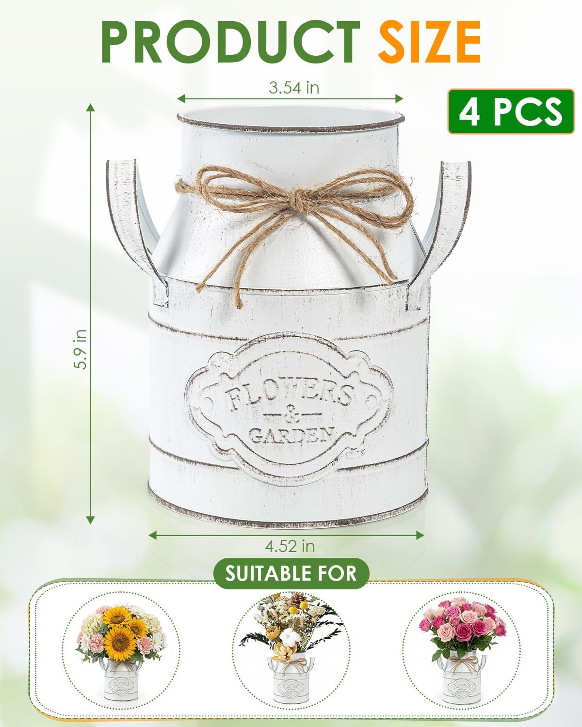 HAYVAN 4-Pack 6 Inch White Farmhouse Milk Jug Vase - Rustic Galvanized Metal Vase with Handle, Includes 4 Cards, Stickers & 1 Envelope for Baby Shower, Christmas Centerpiece