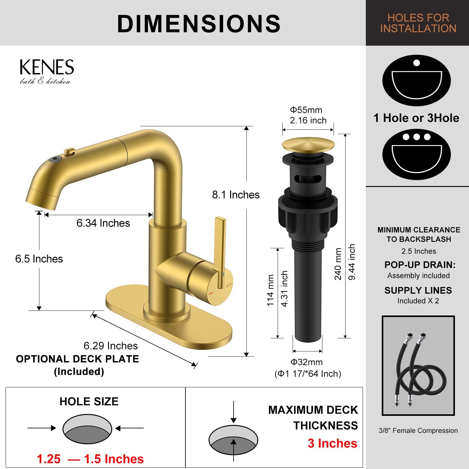 KENES Pull Down Bathroom Faucet with Sprayer, Brushed Gold Single Handle Bathroom Sink Faucet with Pull Out Sprayer, Vanity Bar Faucet with Pop Up Drain & Deck Plate, LJ-9055A-4 - Image 6