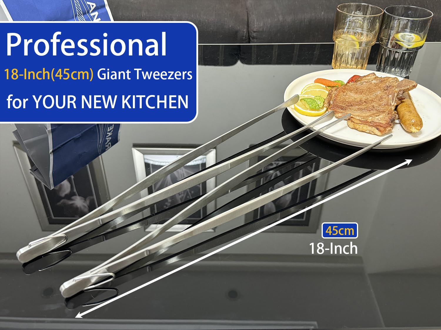 JETKONG 2 pinzas de acero inoxidable de 45 cm, pinzas gigantes resistentes, pinzas extragrandes para cocinar, asar, asar y girar alimentos (plateado)