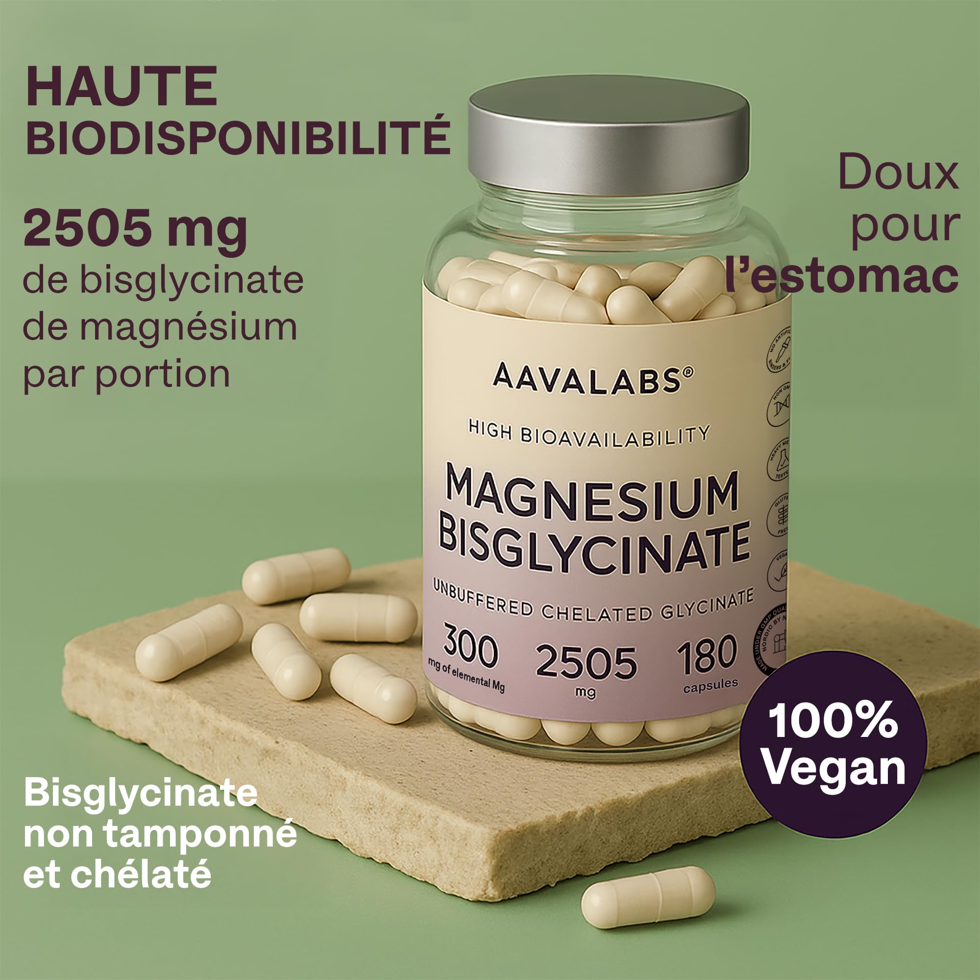 Magnesium Bisglycinate 2505mg | Magnesium Glycinate Chelaté Hautement Biodisponible 300mg Élémentaire - Bisglycinate de Magnésium Non Tamponé, Vegan - Fatigue, Sommeil, Muscles - 180 Gélules
