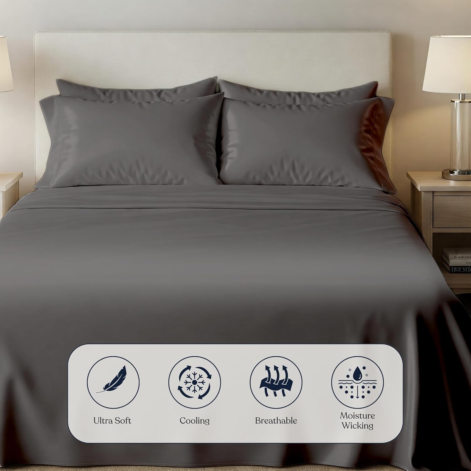 100% Organic Viscose Derived from Bamboo Fitted Sheet - Deep Pocket, Ultra-Soft Cooling Bed Sheet, Secure Fit for Mattresses Up to 18” (Dark Grey, California King)