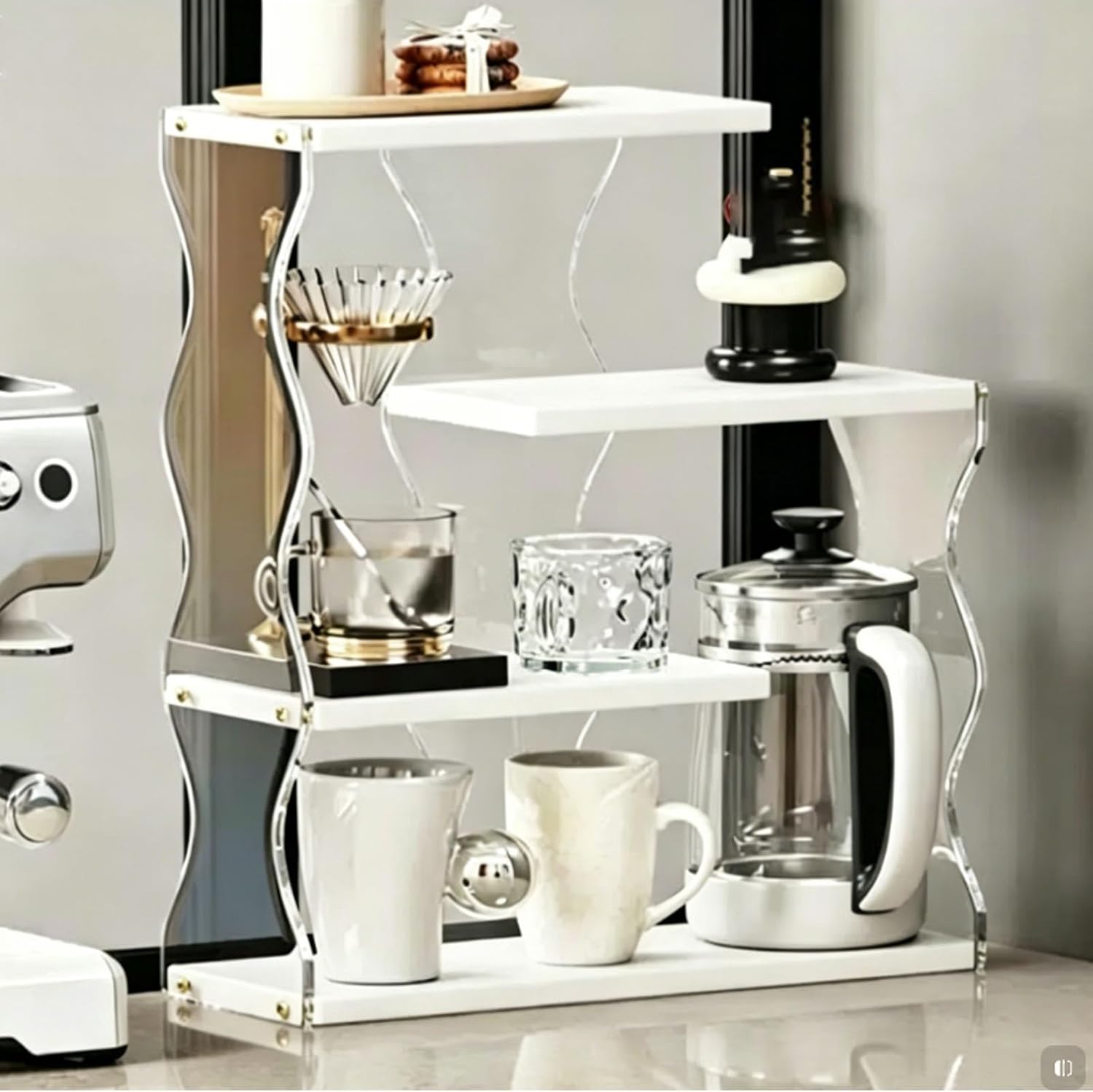 Acrylic Multi-Tier Countertop Organizer, Clear Display Shelf for Mugs, Cosmetics, Perfume – Space Saving Storage Rack for Bathroom, Living Room, Bedroom(White)