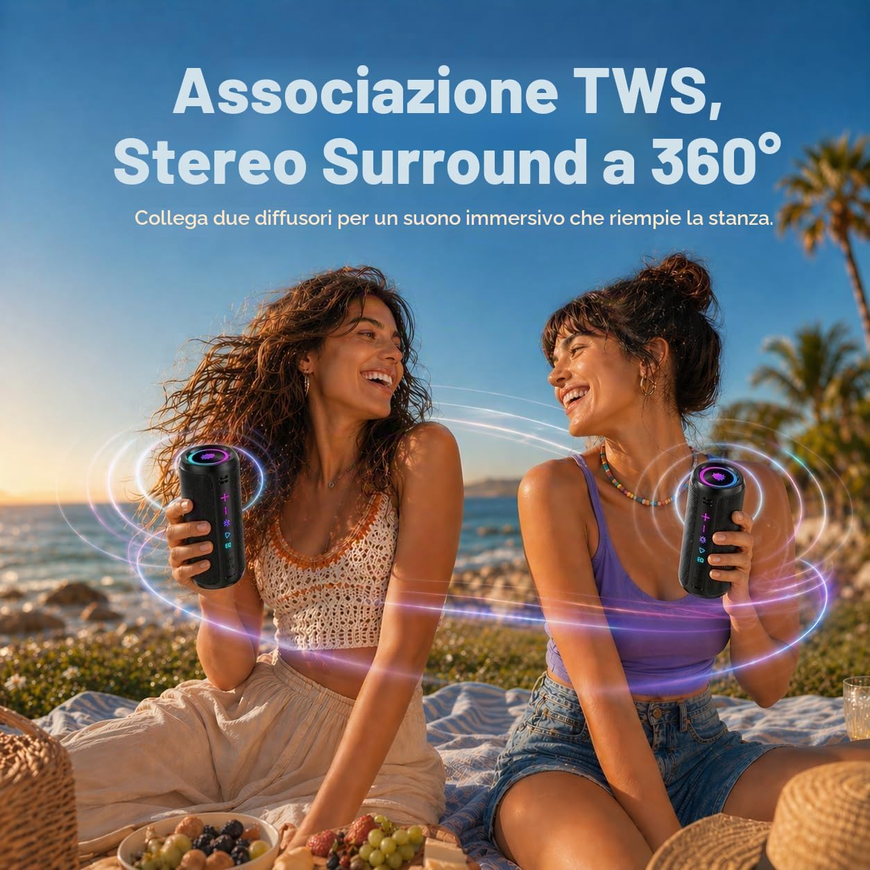 TIMU Cassa Bluetooth Portatile Potente, Altoparlante Bluetooth 5.4 con 2 Modalità EQ, IPX7, TWS, 24H di Autonomia, 8 Modalità RGB, Cinghia da Trekking, Compatibile con PC, AUX, TF
