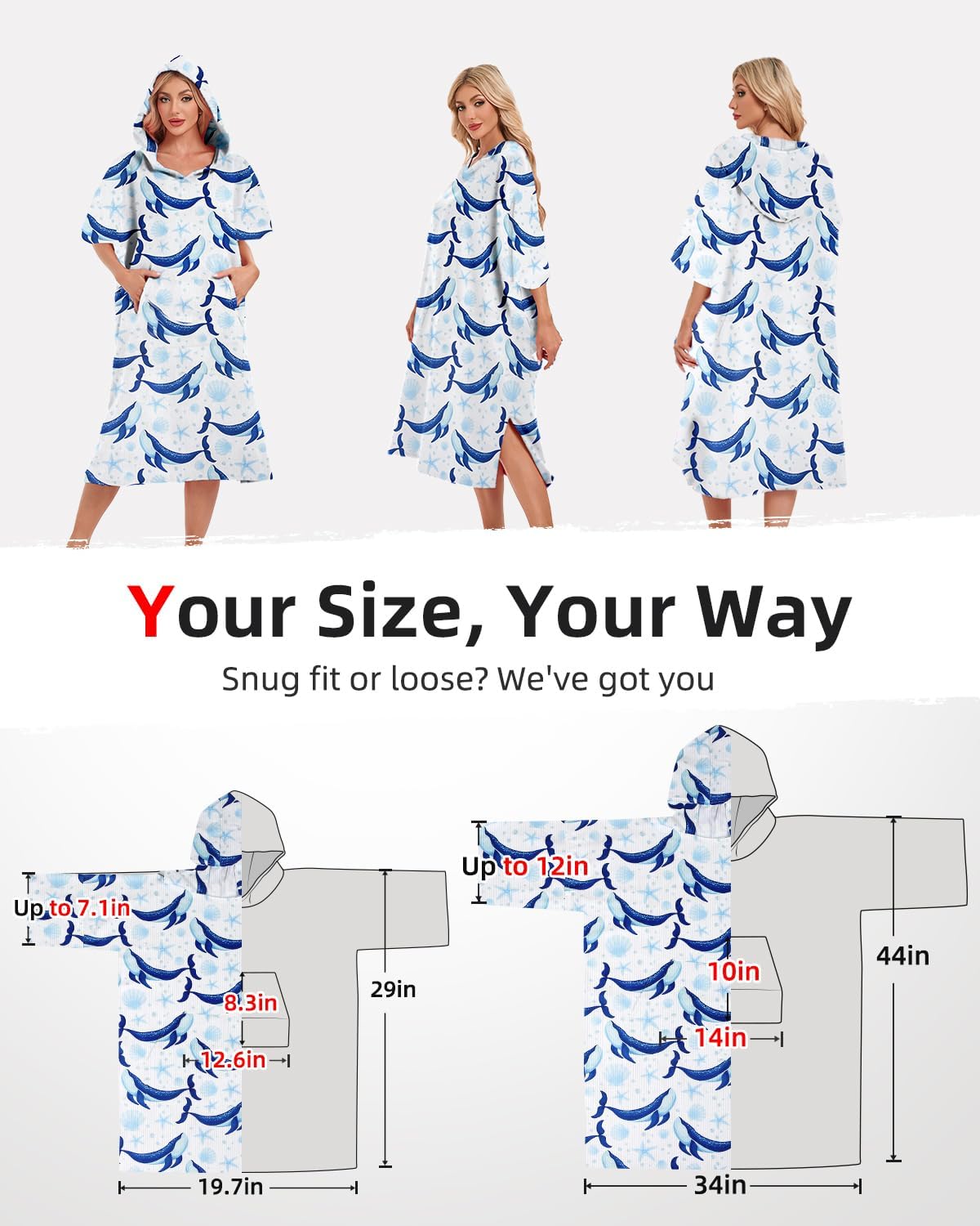 Abahub Surf Poncho Men & Women Towel Poncho Adult with Hood, Thick Quick Dry Changing Poncho Towel, Microfiber Wearable Cover Up for Surfing Beach Swim - Absorbent Changing Towel L (Blue/White)