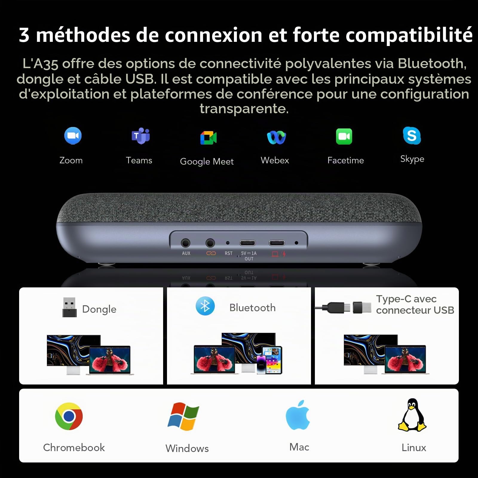 Nuroum A35 Haut-parleur Conférence Bluetooth avec Microphone, Suppression de Bruit IA,Prise de Voix 32 kHz,Connexion en Guirlande pour 20 pers, Bluetooth/Dongle/USB-A/C pour Teams/Zoom/Visioconférence
