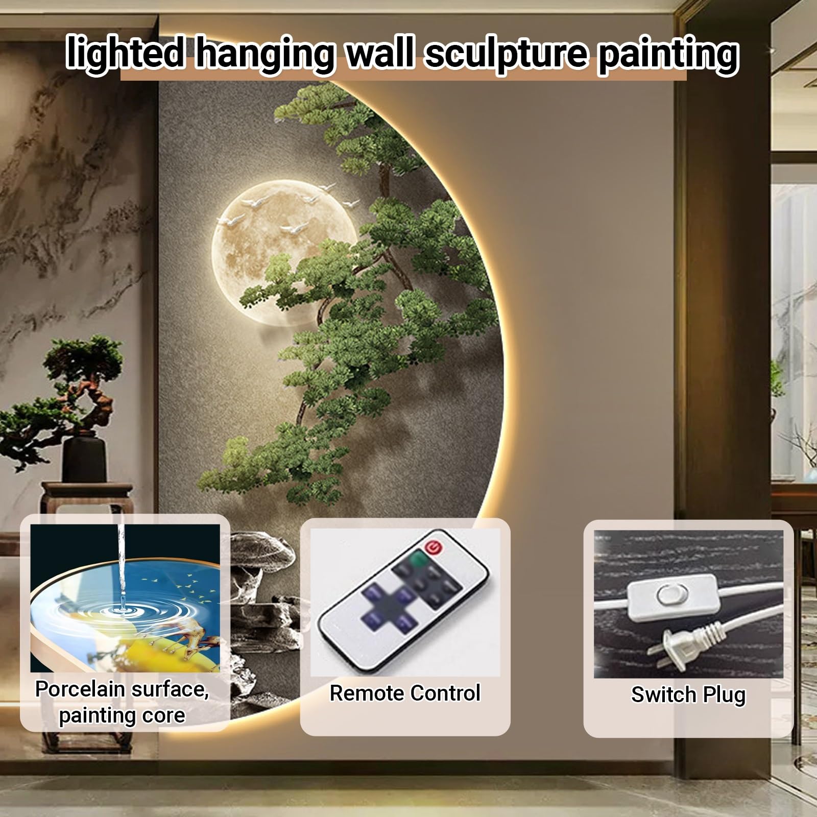 Große beleuchtete Wanddekoration für den Eingang, dekoratives Bild mit LED-Relief, ohne Rahmen, Skulptur, hängende Landschaft mit Stecker, für Wohnzimmer, Flur und Schlafzimmer (50 x 100 cm)
