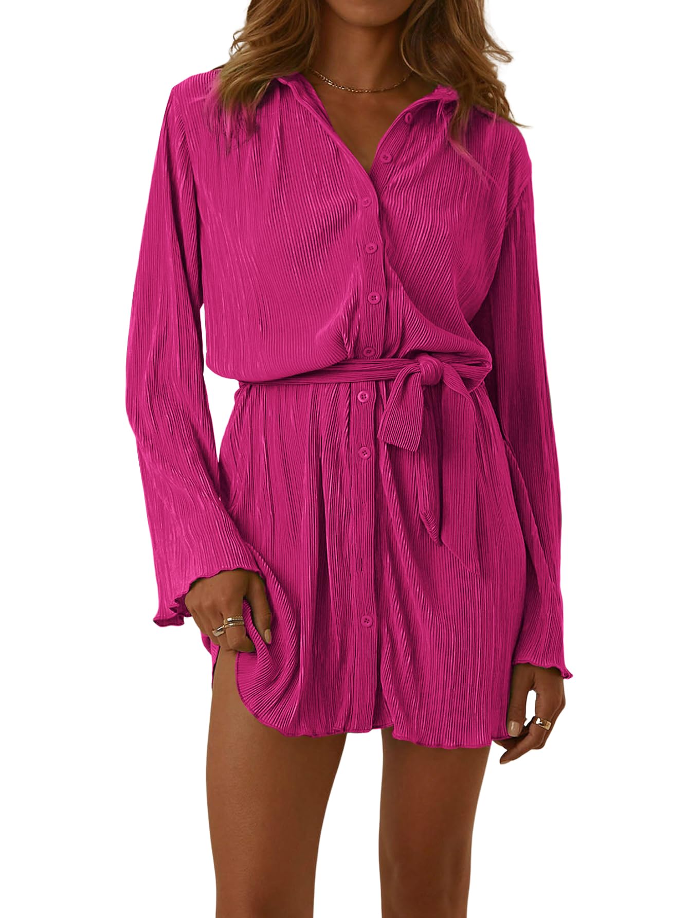 LYANER Women's Collar V Neck Button Down Pleated Long Sleeve Mini Shirt Dress with Belt
