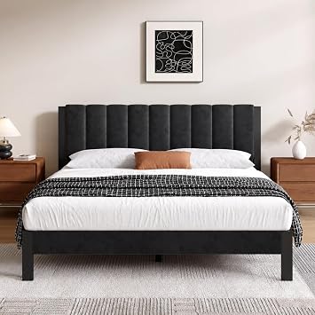 Novilla Full Bed Frame with Piano Keys Headboard and Footboard, Metal Platform Bed Frames Full Size, No Box Spring Needed, Easy Assembly, Steel Slats Support, Velvet Black