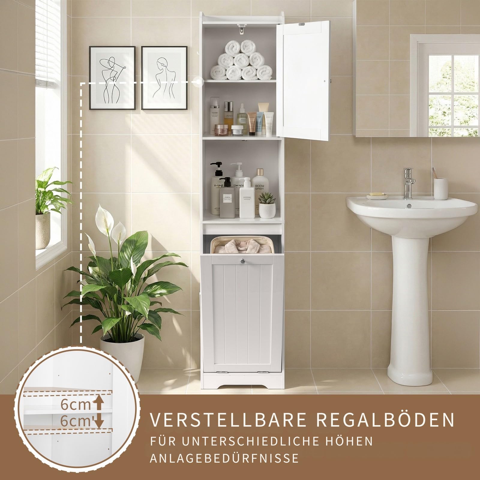 LEADZM Badezimmerschrank, Lagerschrank Aufbewahrungsschrank | Badschrank hoch mit 1 Tür, 1 Klappdeckel-Schublade, 1 offenen Fächern für Badezimmer Wohnzimmer, Esszimme, 40 x 40 x 180 cm
