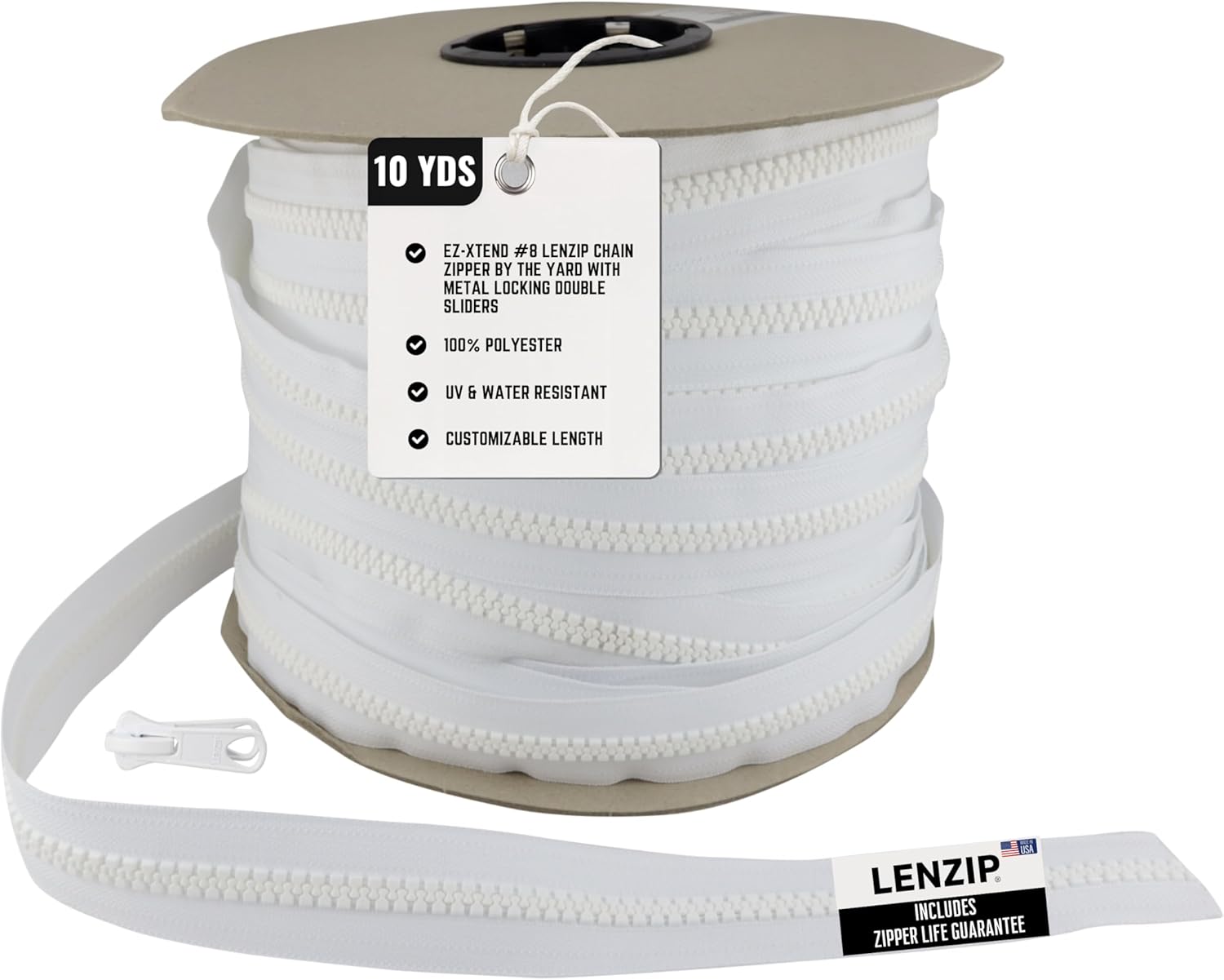 EZ-Xtend #8 Lenzip Chain Plastic Molded Plastic Tooth Zipper by The Yard with Metal Locking Double Sliders. Bags, Boat Cushions, Boat Covers, Back Packs, Sewing Projects, Replacement Zipper