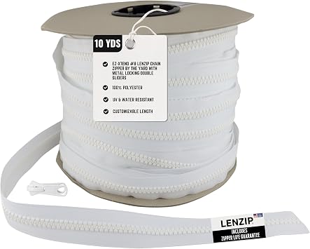 EZ-Xtend #8 Lenzip Chain Plastic Molded Plastic Tooth Zipper by The Yard with Metal Locking Double Sliders. Bags, Boat Cushions, Boat Covers, Back Packs, Sewing Projects, Replacement Zipper