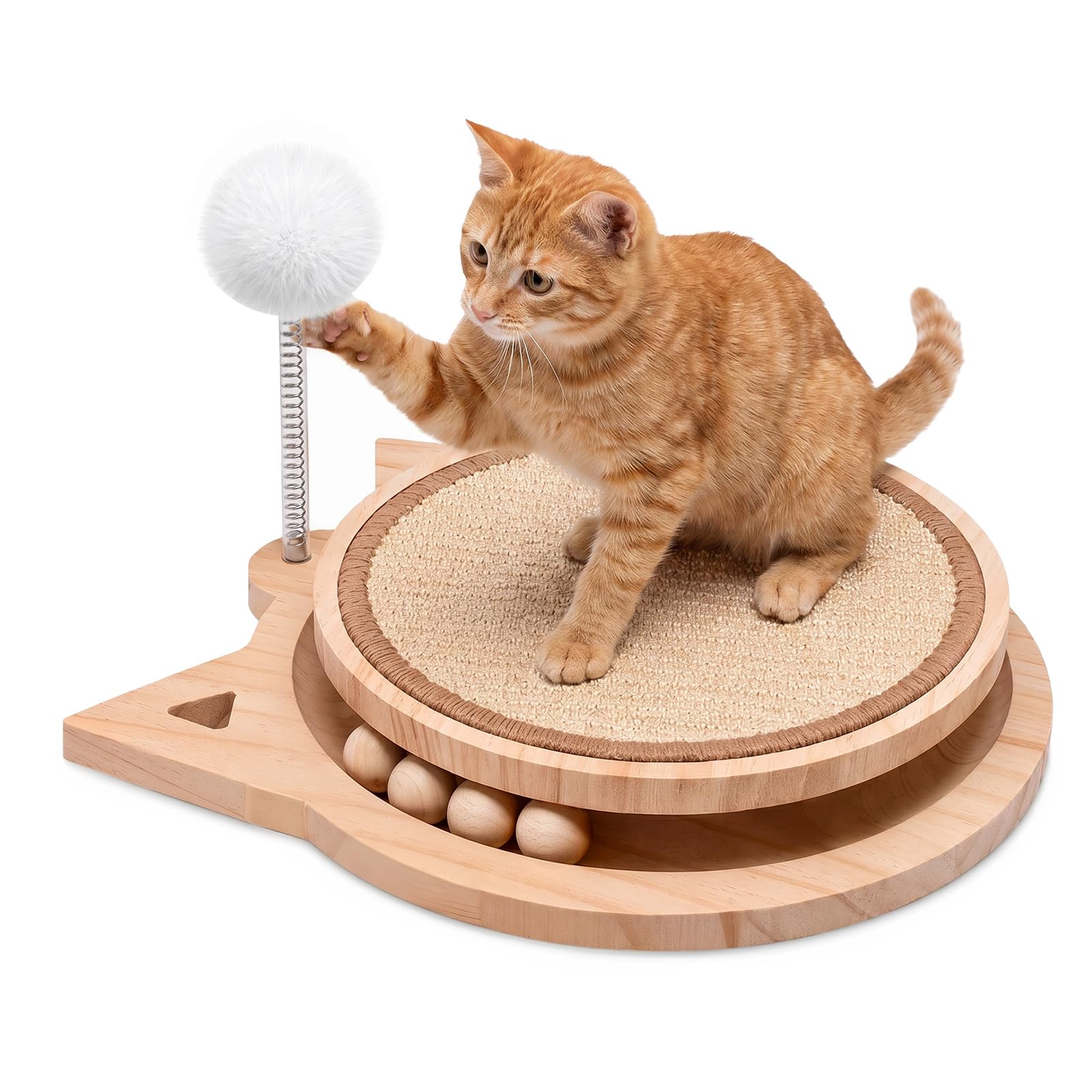 4-In-1 Cat Scratching Board, Cat Natural Sisal Scratching Pad with Wood Ball Track Moving Ball & Flexible Spring Plush Ball Durable Cat Scratching Cat Toy for Indoor Cats to Play Rest 34.7x32.7x18.7cm โ image 1