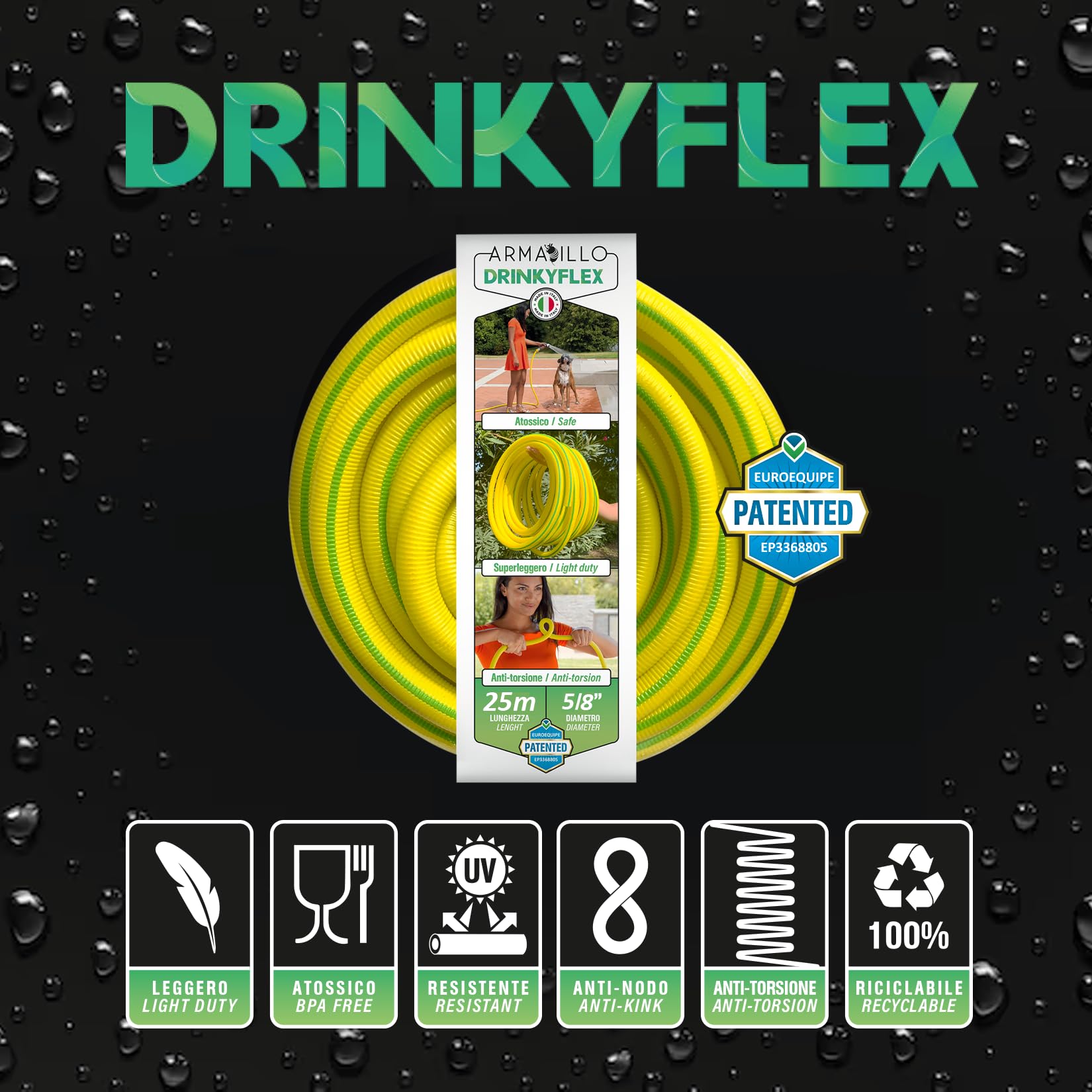 Idroeasy, manguera de jardín Drinkyflex de 25 metros y 5/8", superligera y no tóxica para agua potable, manguera de riego sin nudos, flexible, Presión de rotura 18 bar, Made In Italy