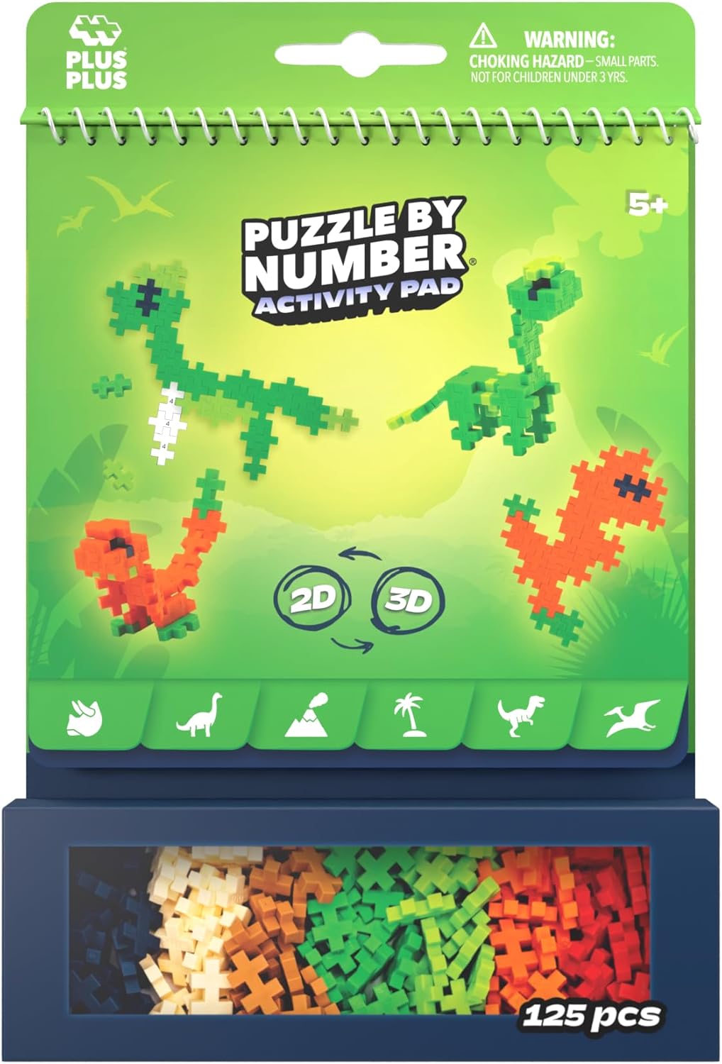 PLUS PLUS Puzzle By Number Activity Pad, Dinosaurs - Airplane Activities & Roadtrip Essentials for Kids, Interlocking Mini Building Blocks, 2D 3D Puzzle Stem Toy
