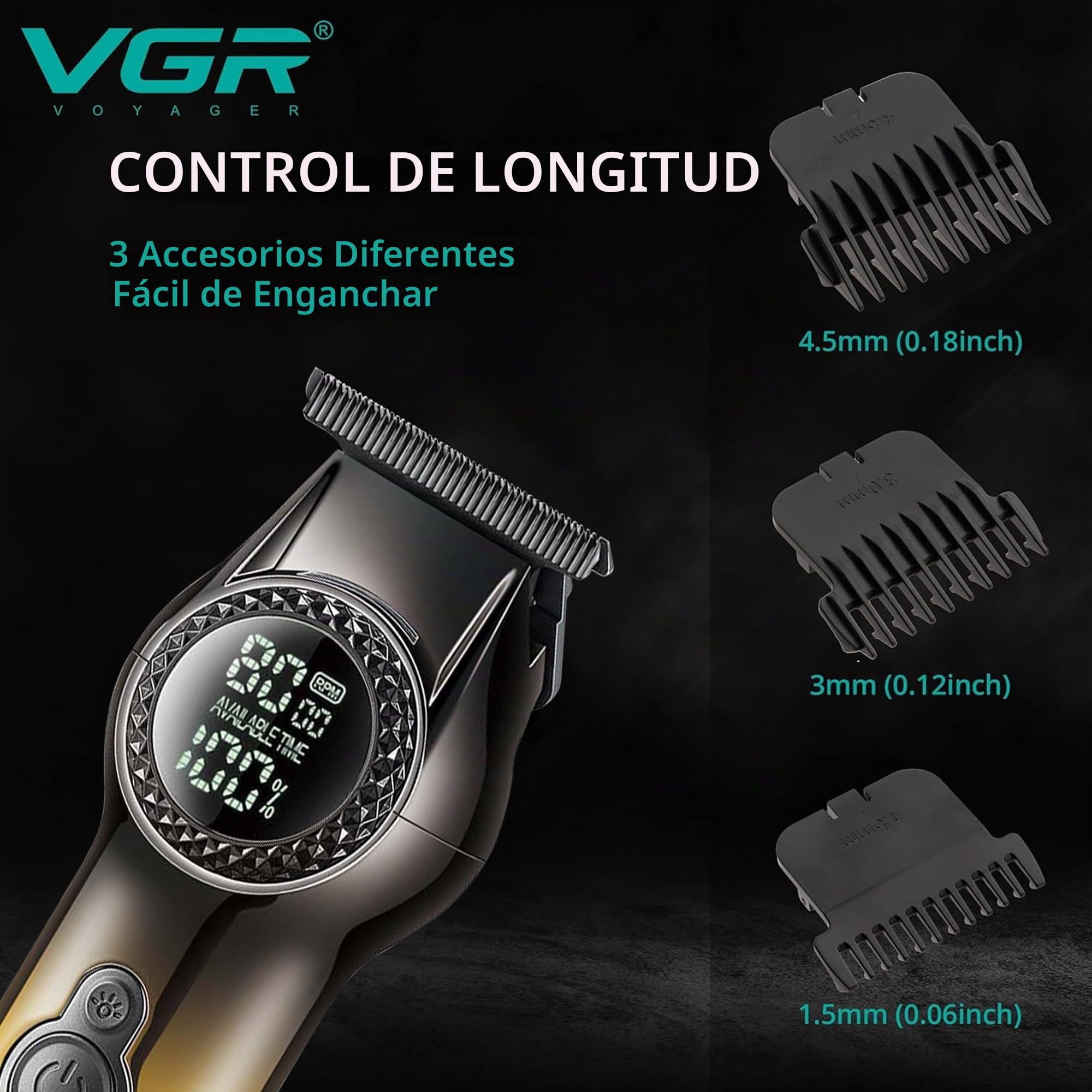 VGR Recortadora de barba para hombre recargable USB-C eléctrica, profesional, 8000 rpm, luz LED, 2 velocidades, cuchillas de cerámica, batería de 200 minutos, kit de aseo facial inalámbrico