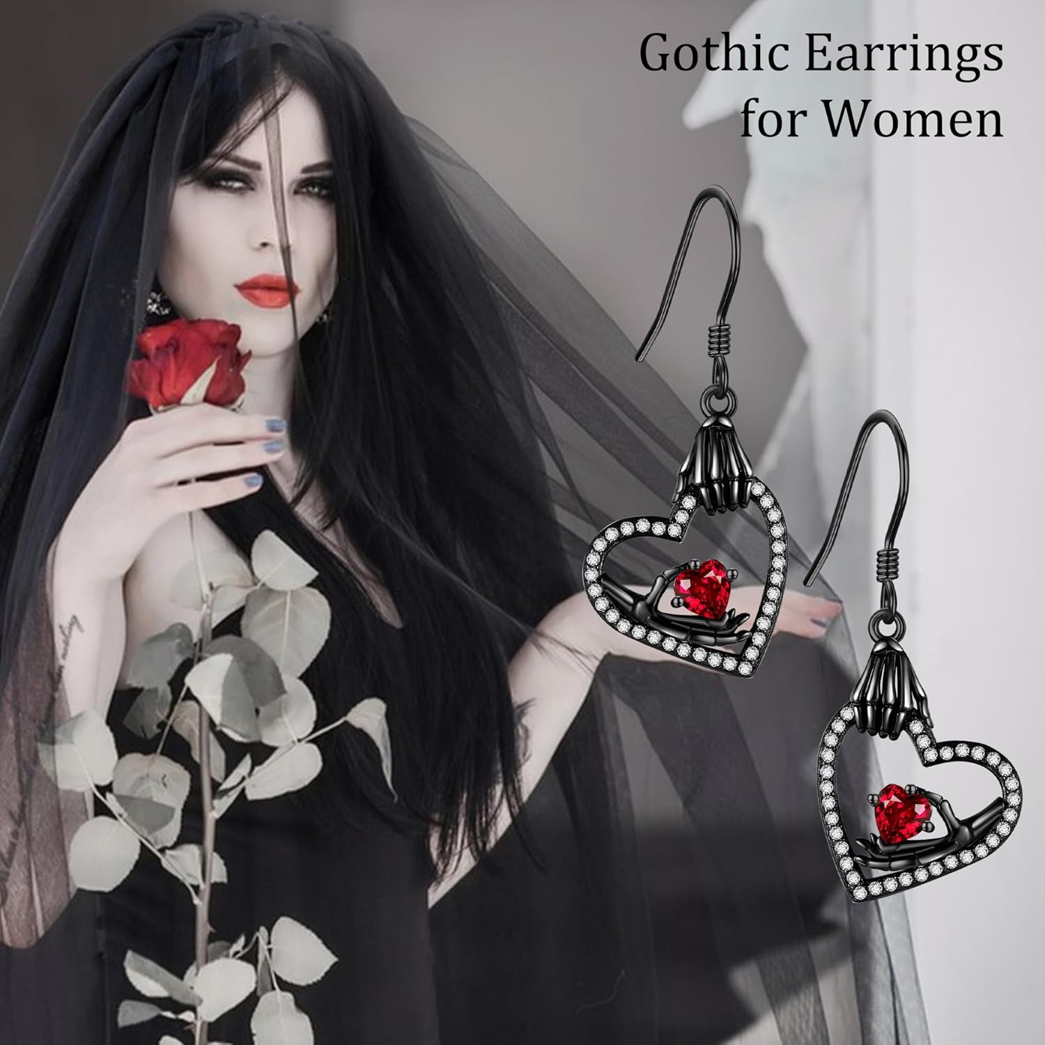 Skull Earrings Sterling Silver Skull Skeleton Hand Heart Dangle Earrings Gothic Jewelry Gifts for Women - Image 5