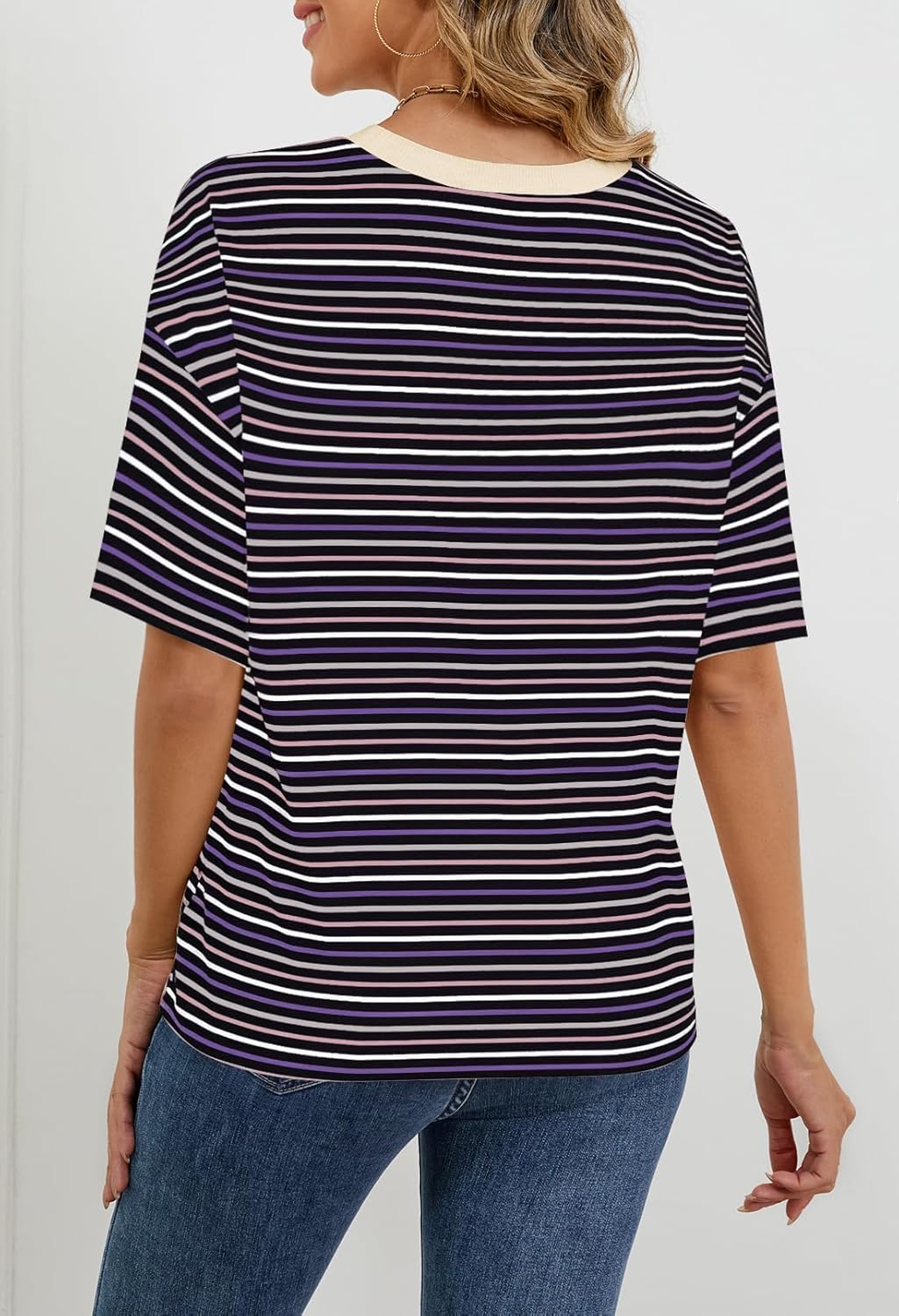 MEROKEETY Women's 2026 Summer Short Sleeve Tops Casual Colourful Striped Crewneck Loose Work T Shirts Blouses - Image 5