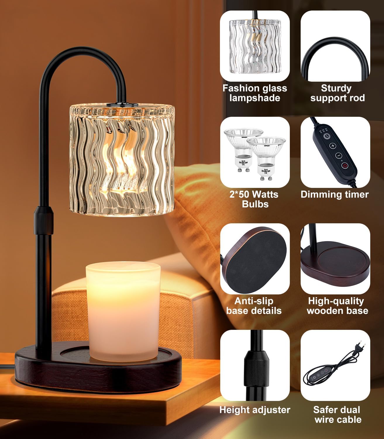 Candle Warmer Lamp Electric Timer: Dimmable Candles Warming Lamps - Height Adjustable Burner Jar - No Flame Scented Melts Wax - All Candle Jars Home Decor Table Light Clear