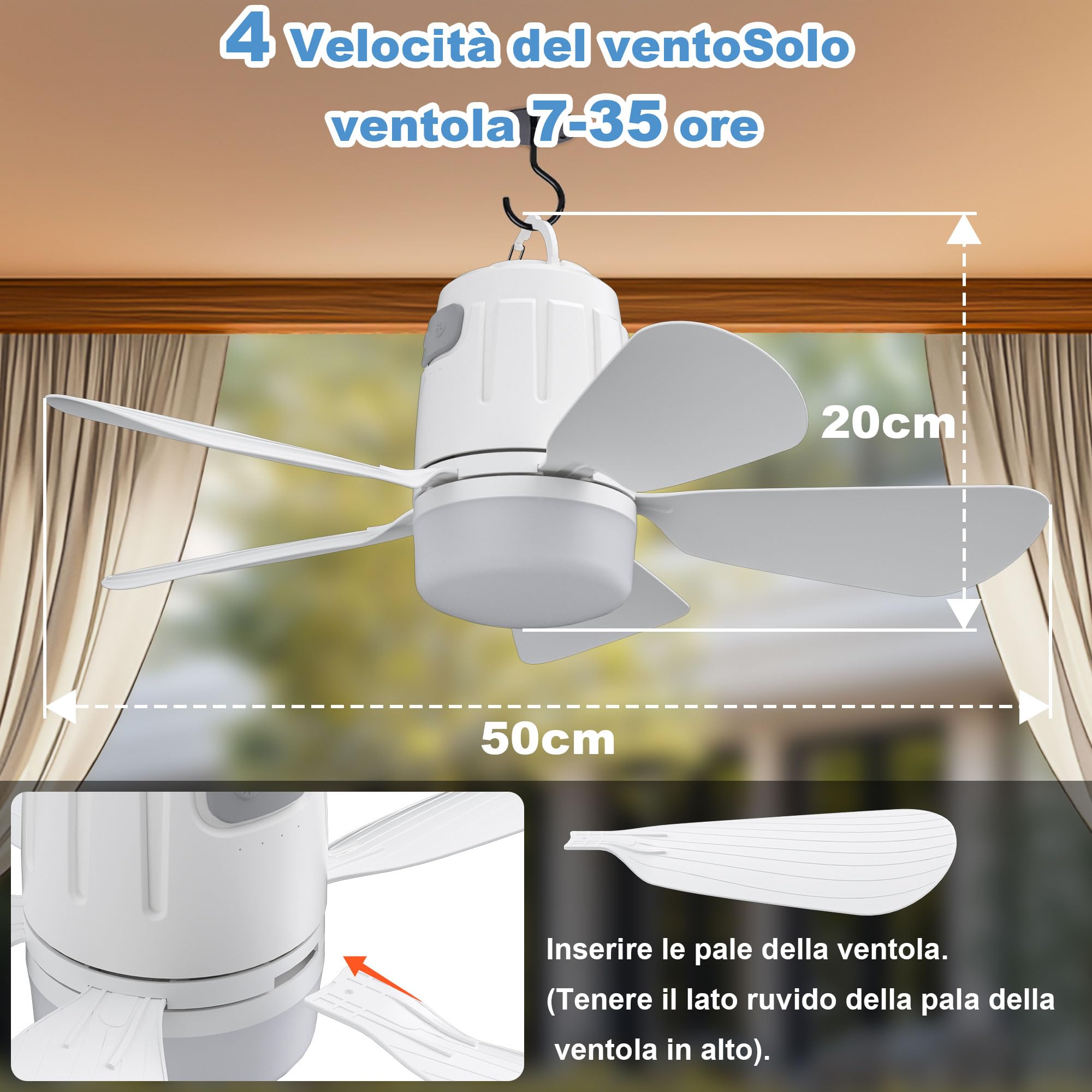 Gliztech 50CM Ventilatore da Soffitto Esterno, 20000mAh Lampadario con Pale con Batteria, Ventilatore Campeggio Rimovibile con Gancio e Telecomando per Gazebo, Terrazza, Tenda