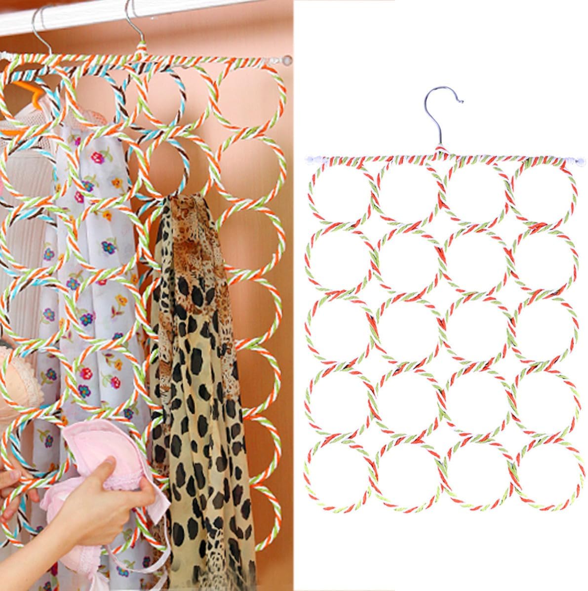 Paper Rattan Scarf Hanger, 20 Ring Foldable Organizer Rack