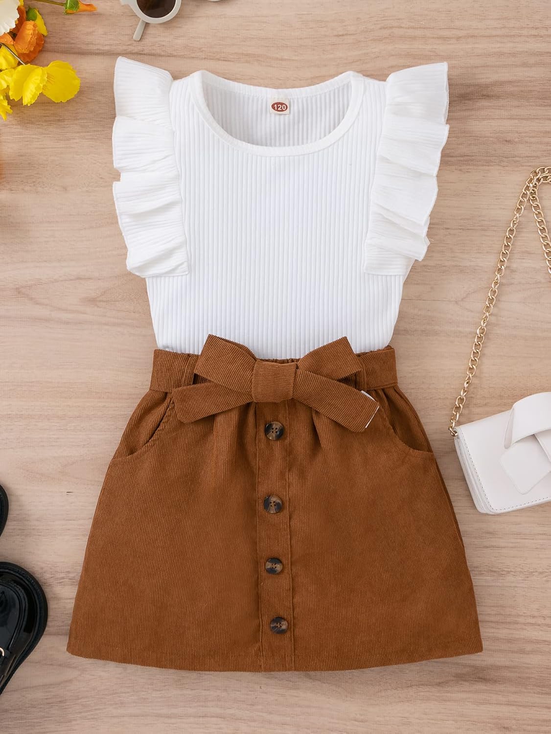 SHENHE 2pcs Girl's Skirt Outfits Ruffled Ribbed Cap Sleeve T Shirt and Button Down Tie Front Skirt Set - Image 2