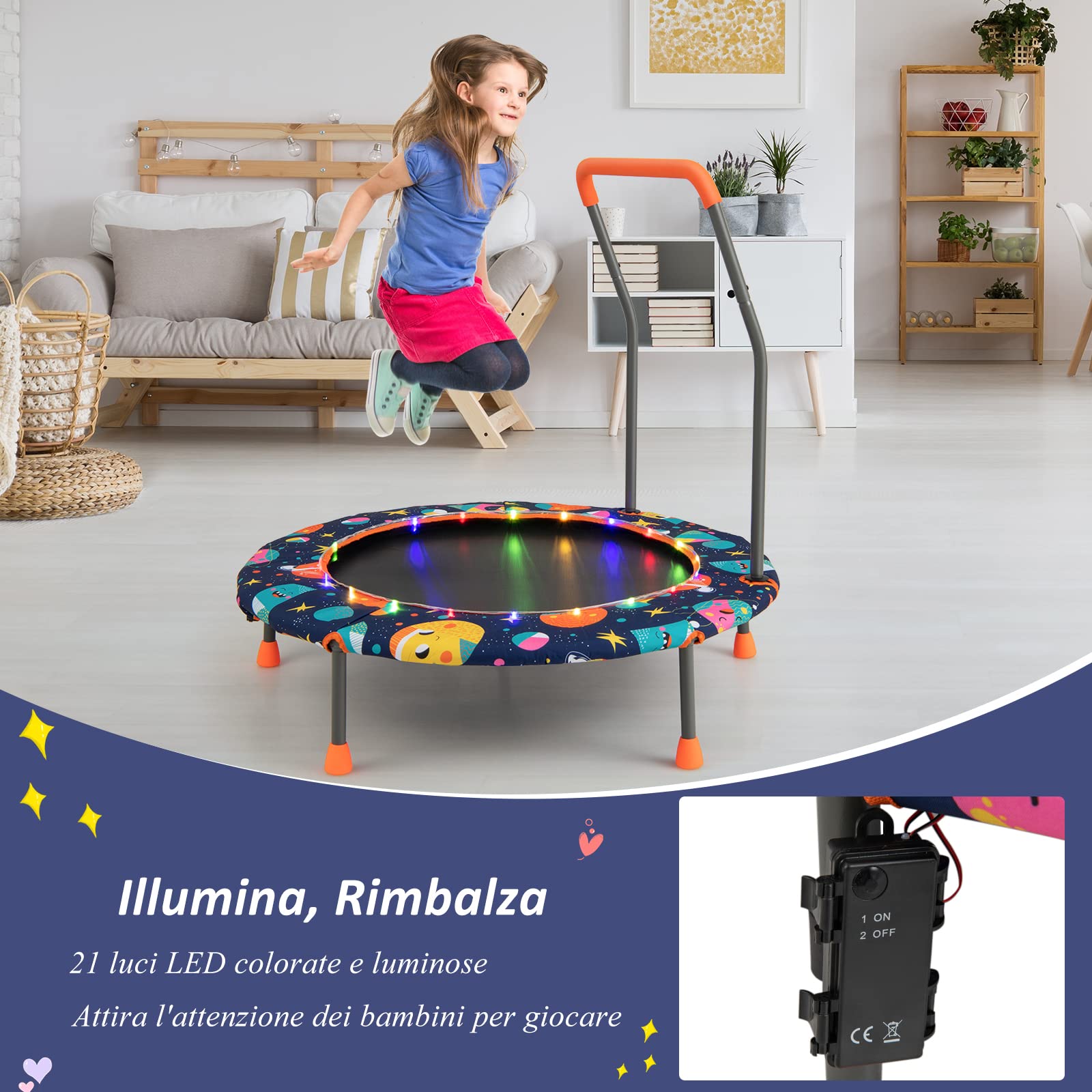 COSTWAY Trampolino per Bambini da Interno ed Esterno, Tappeto Elasctico Bambini 3-6 Anni in Acciaio con Maniglia Rimovibile, Luci LED, Cuscinetti Antiscivolo e Copertura Protettiva