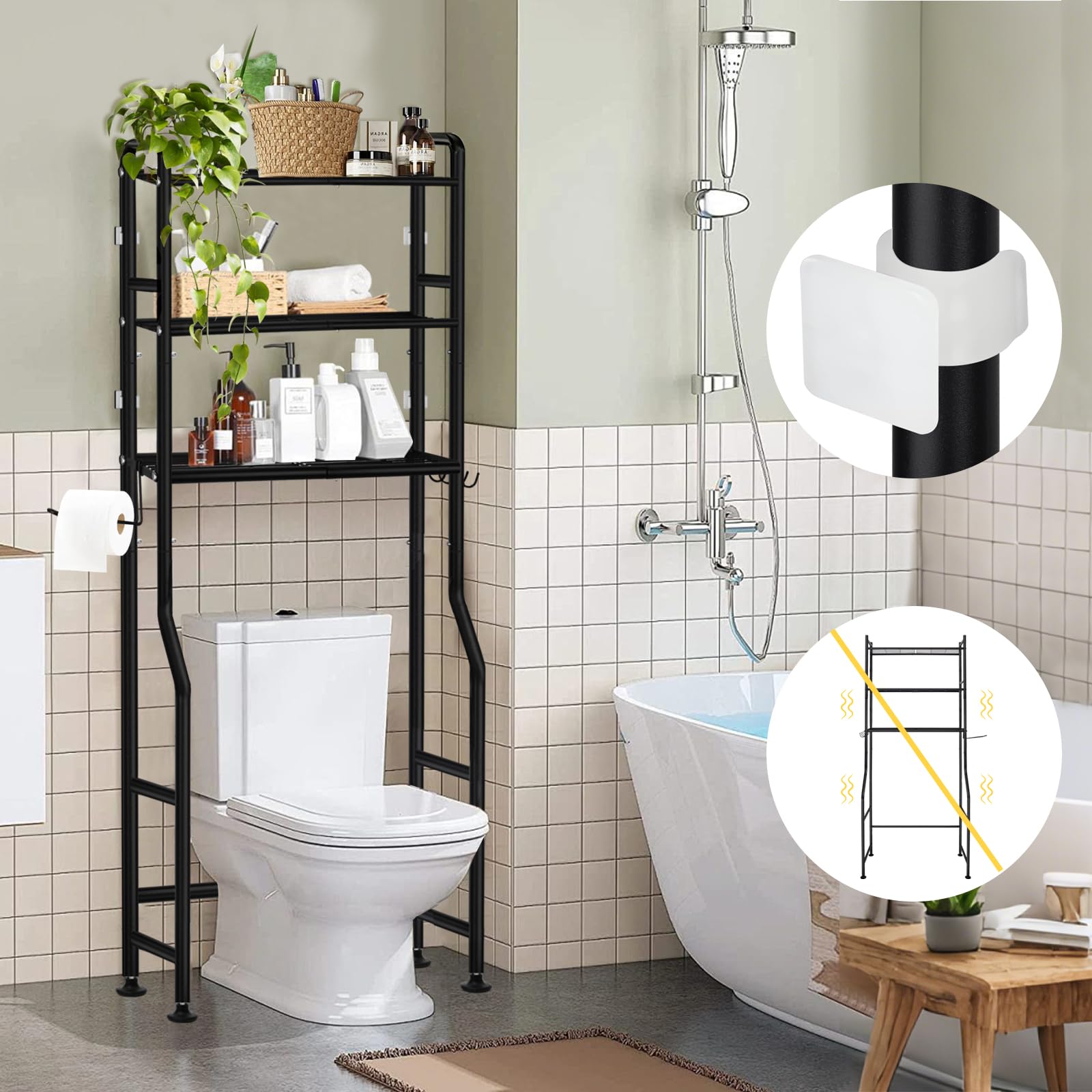 Étagère pour machine à laver, étagère WC sur machine à laver, armoire de toilettes, 3 étagères, porte-serviettes, 62 x 163 x 22 cm, noire