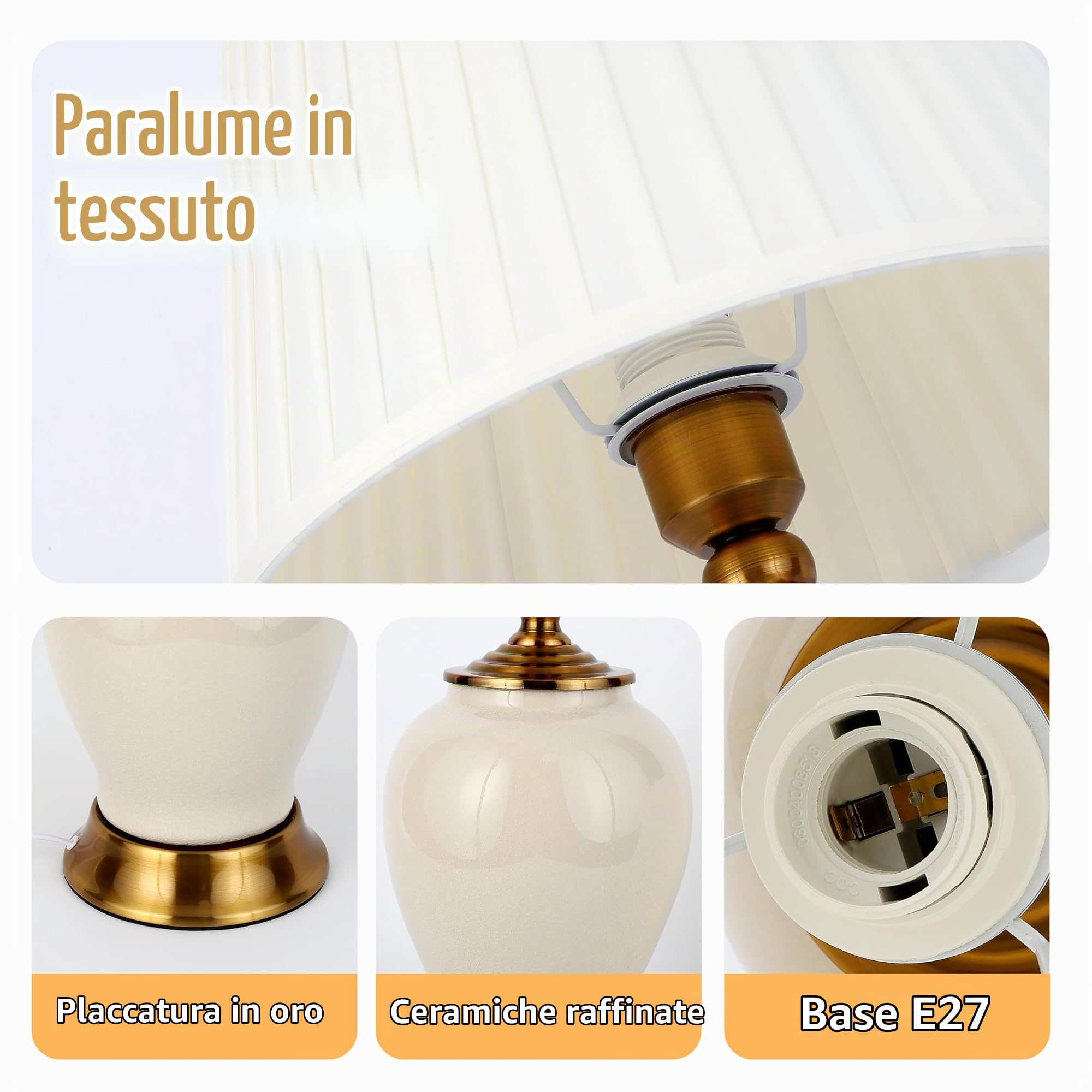 Lampada Da Tavolo E27 Lampade Da Comodino Moderne, Lampada Da Scrivania In Tessuto Bianco Paralume, Lampada Da Letto In Ceramica Decorazione Della Camera Da Letto Lampada Da Lettura, Bianco