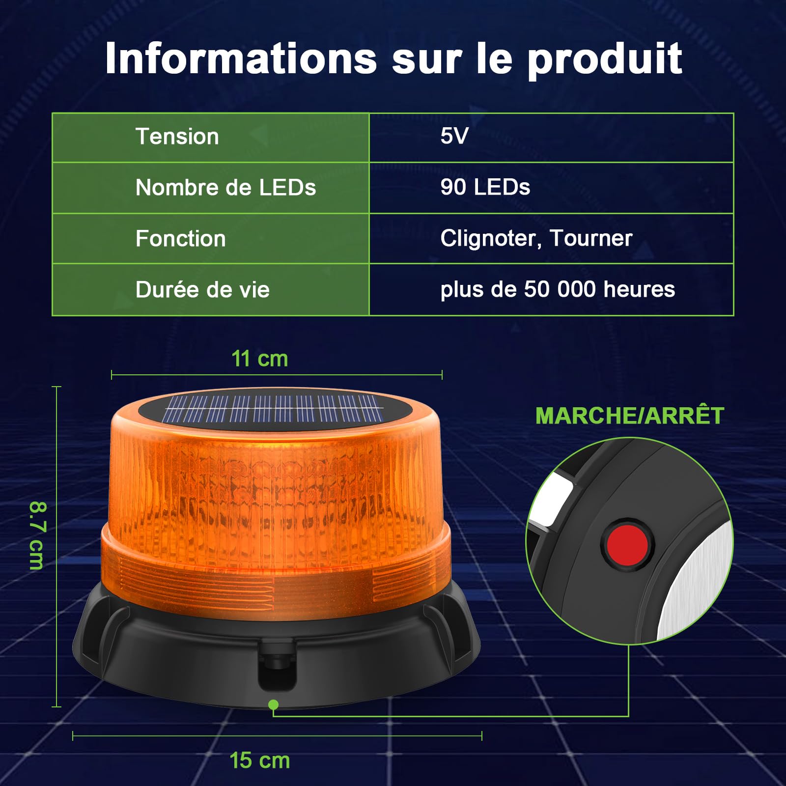 Gyrophare LED Orange sans Fil, Feu d'Avertissement Rechargeable | Socle Aimanté, Panneau Solaire, Étanche IP65, pour Tracteur, Camion et Chantier, 2 Modes Flash