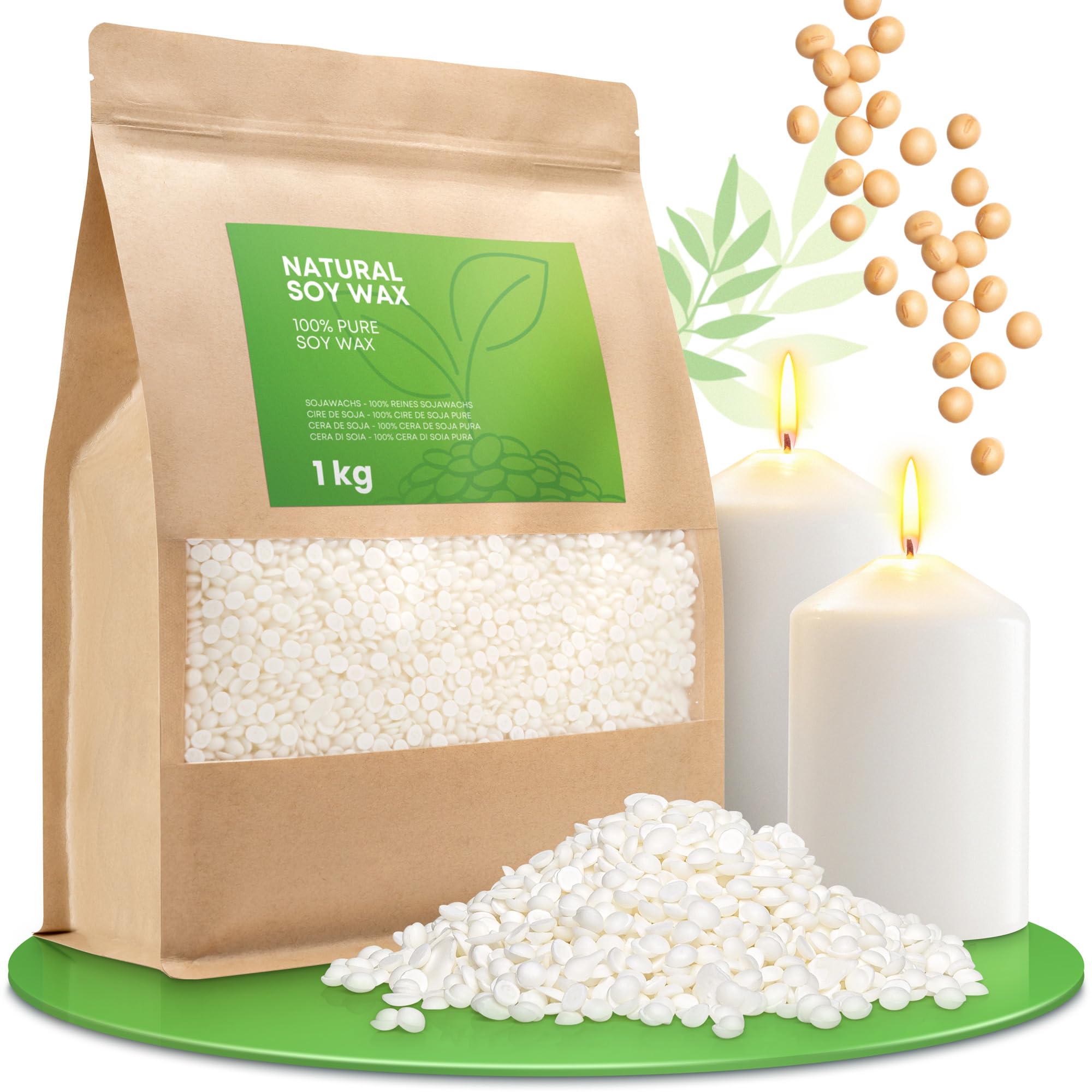 molinoRC 1.8 kg Cera de Soja para Velas - Cera para Hacer Velas caseras y aromáticas - Cera para Velas en Pastillas 100% Natural, Biodegradable y sin aditivos - Combustión Limpia y Uniforme