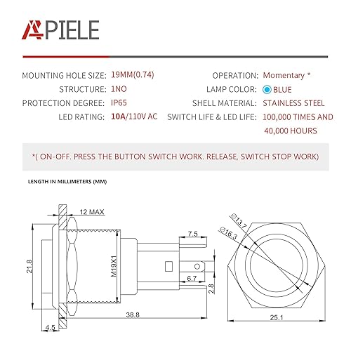 Miniatura 8 de Interruptor de botón momentáneo de 0.79 pulgadas, interruptor APIELE 10A 1NO de acero inoxidable IP65 a prueba de agua (12-24 V LED redondo alto)