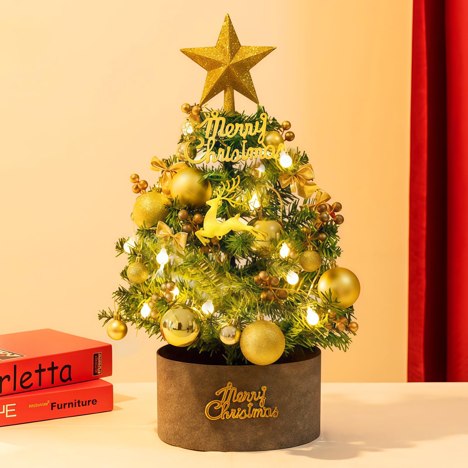 Mini Albero di Natale 60 cm Artificiale Pre-illuminato con Luci LED,Stelle, Palline e Decorazioni Natalizie,Albero da Tavolo Decorativo per Casa,Ufficio,Negozio e Vetrina Festiva