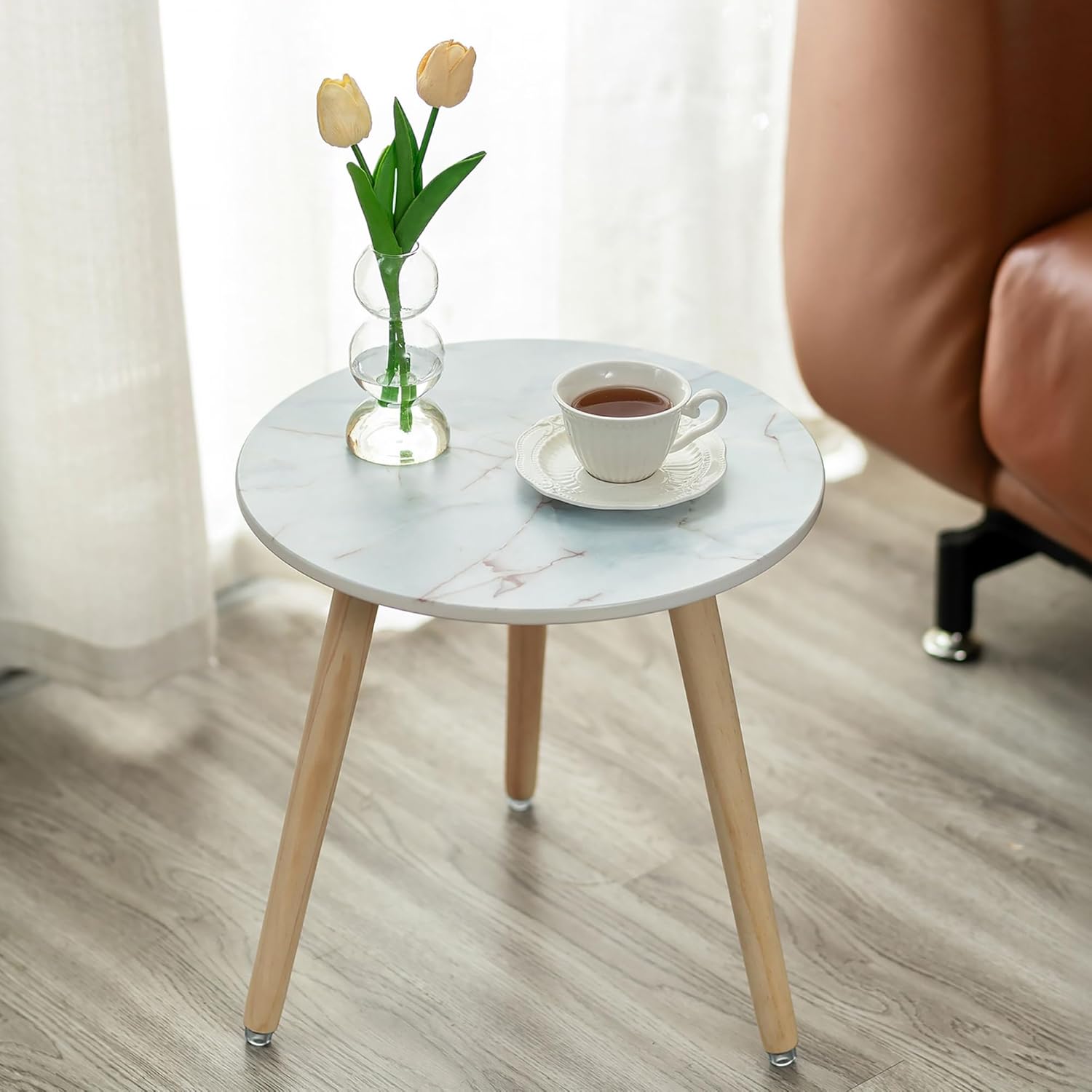 Hanobe Small Side Table Round: Modern Marble-Like Short End Tables 3 Legged Little Accent Stools for Living Room Small Space Tool-Free Easy Assemble 15.7" x 15.7"
