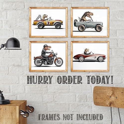 Miniatura 7 de Motor Monsters T-Rex Driving Vintage Vehicles  Póster de dinosaurio genial de 8 x 10 pulgadas sin marco para sala de juegos, habitación de niños,