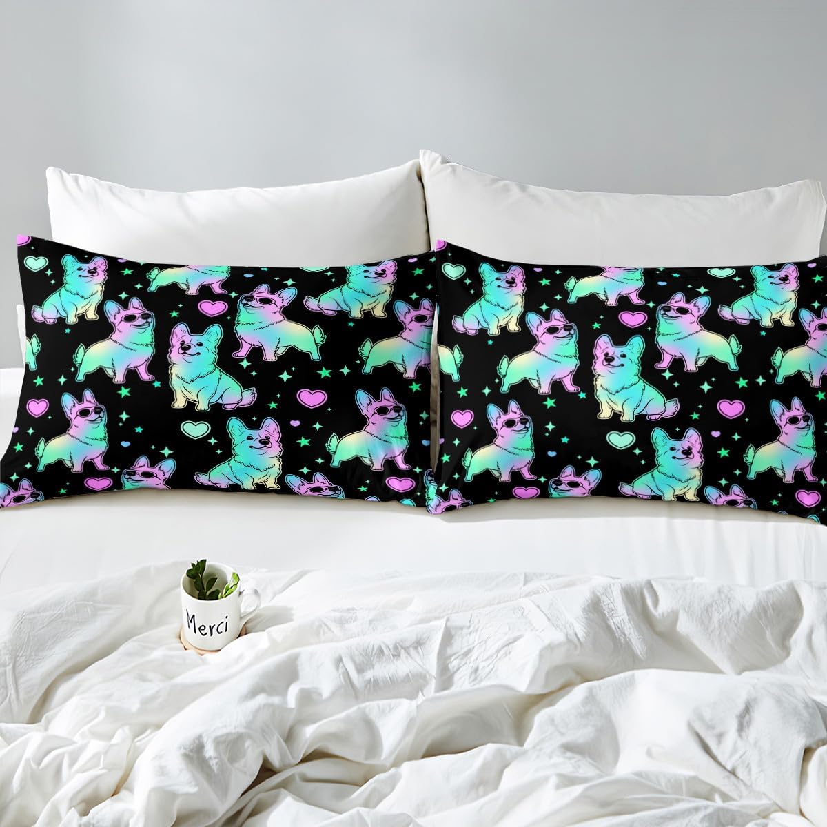 Corgi Comforter Cover Cute Corgi Dogs Bedding Sets Kawaii Room Decor Rainbow Ombre Glitter Duvet Cover Set For Kids Boys Girls Love Heart Animals Bedspreads Cover With 1 Pillow Case Twin Size