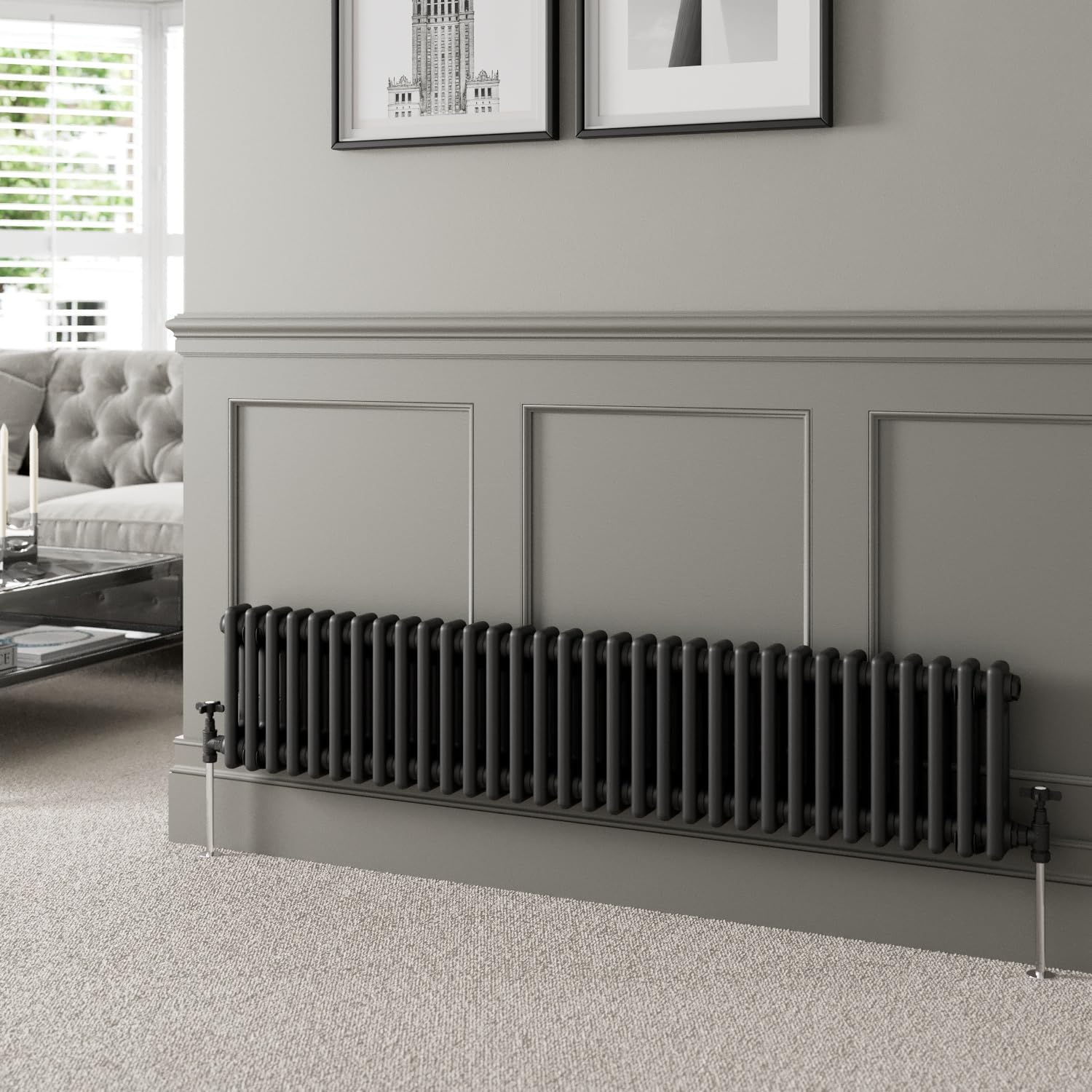 DuraTherm® 300 x 1460mm Black Traditional Horizontal Designer Radiator Double Column Colosseum Cast Iron Style Central Heating Panel Radiators Rad