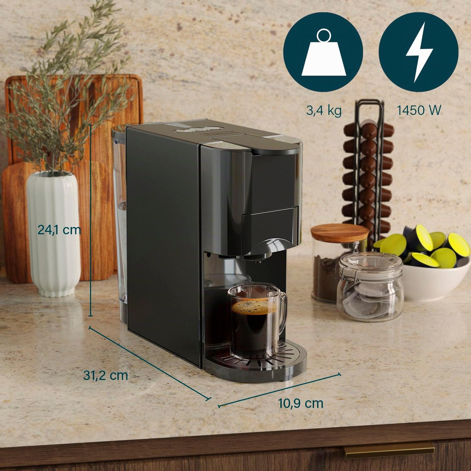Princess Máquina multicápsula, bomba italiana de 19 bares, depósito de agua de 800 ml, compatibilidad 4 en 1, 1450 W, compatible con Nespresso® y Dolce Gusto®, sin BPA, piezas desmontables, 249454