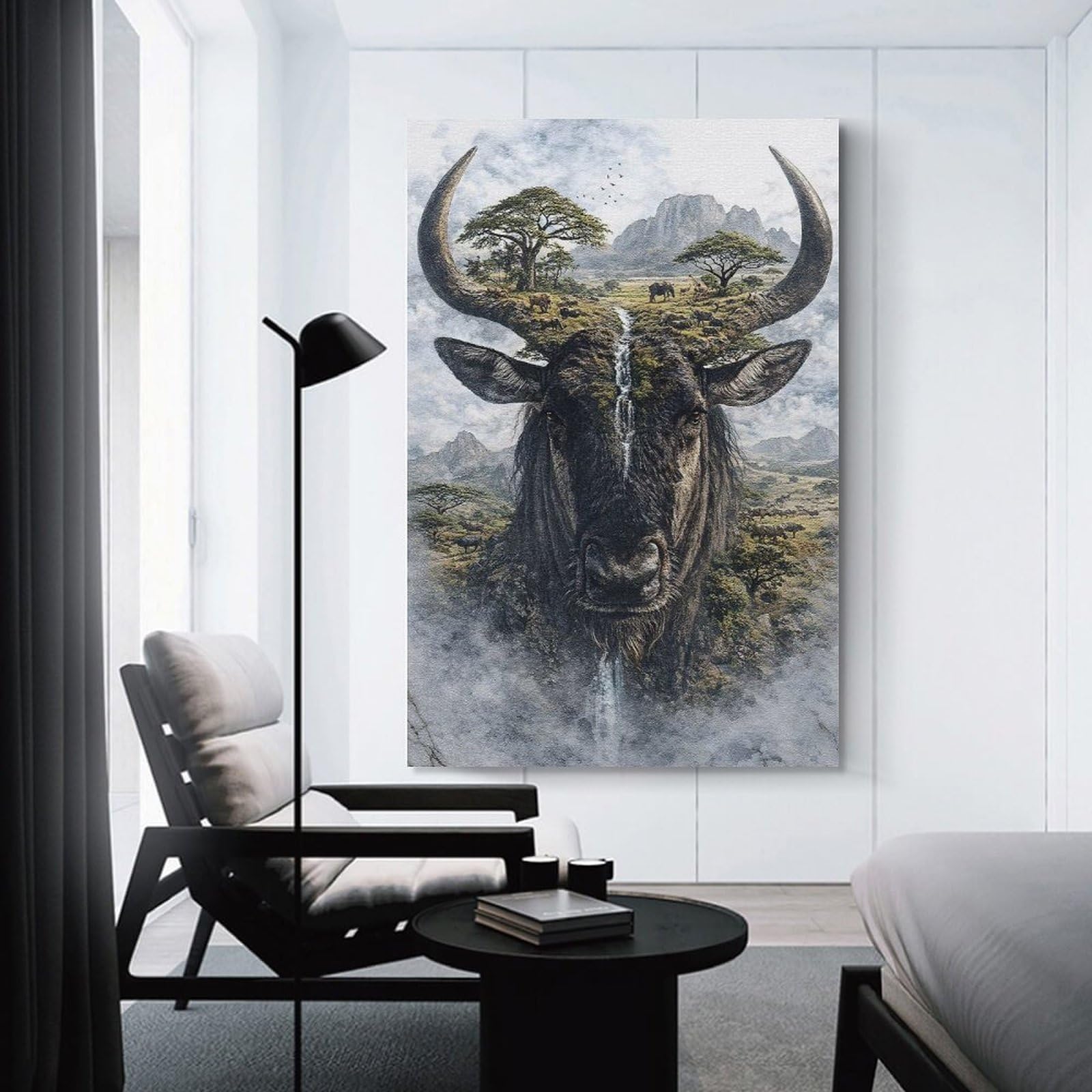 Junmoney Room Decor Wall Art Surreal Wildebeest Landscape, 24x36inch(60x90cm), for Entrance Spaces, Stair Walls Or Halls, Home Artwork for First Impressions