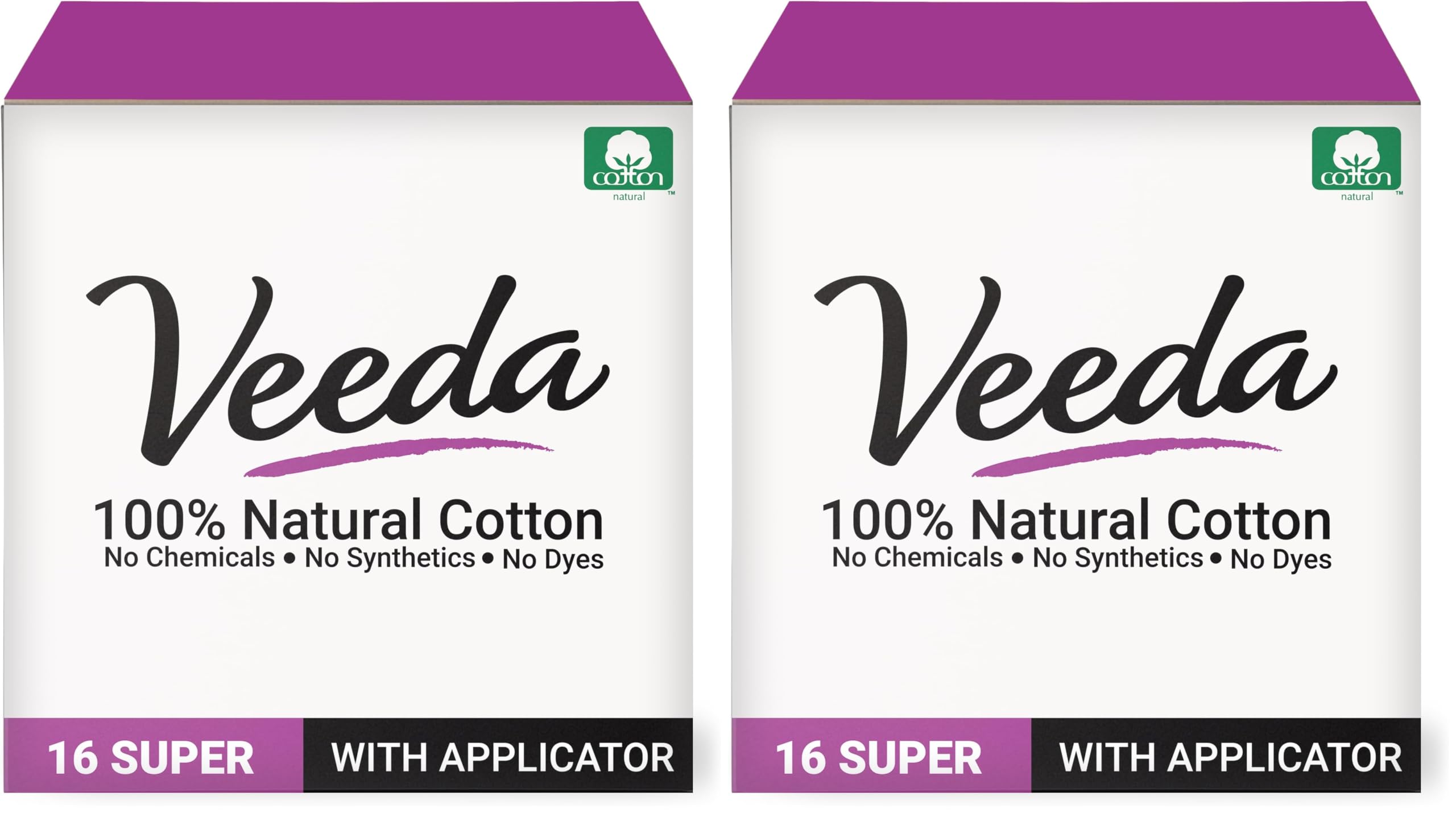 Veeda 100% Natural Cotton Tampons - Super Absorbency with Leak Proof Protection - Compact BPA-Free Applicator - Unscented &amp; Free from Chlorine, Toxin - 16 Count (Pack of 2)