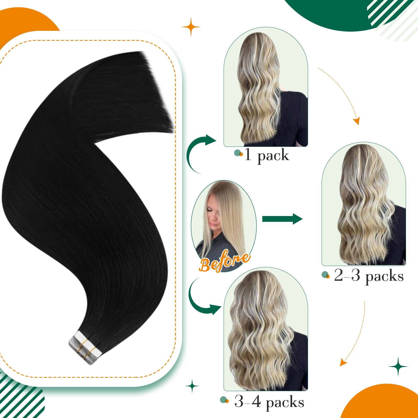 Easyouh Tape Extensions Human Hair Jet Black Tape in Hair Extensions Human Hair 18 Inch 40g 20Pcs Invisible Tape Hair Extensions Real Human Hair Black - Image 2
