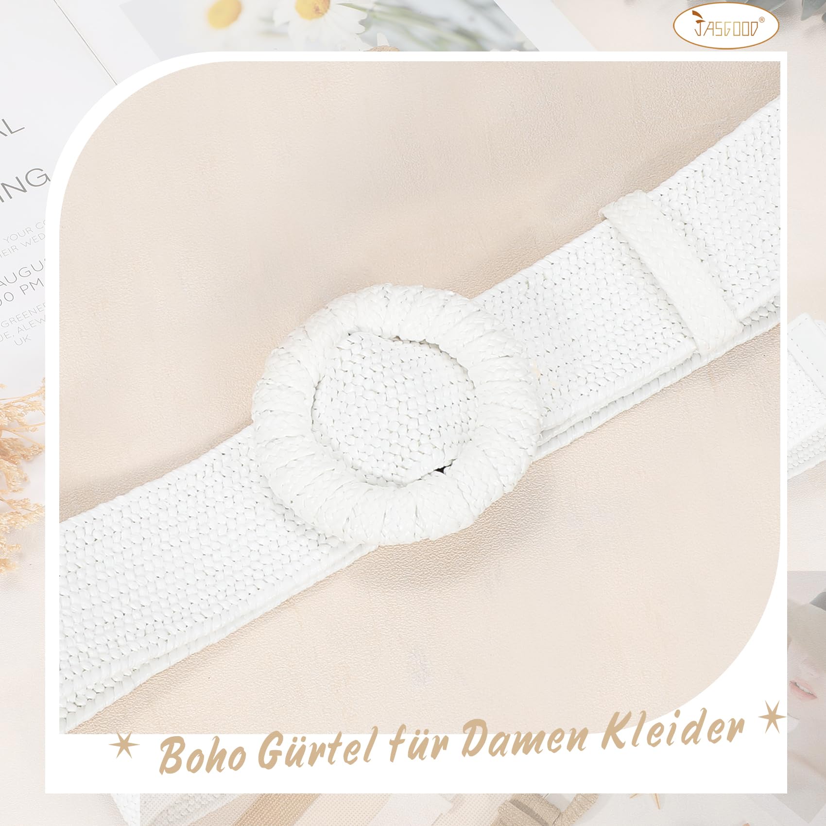 JasGood Stroh Geflochten Elastischer Gürtel für Damen Breiter Taillengürtel Rattan Gewebter Boho Gürtel für Kleider