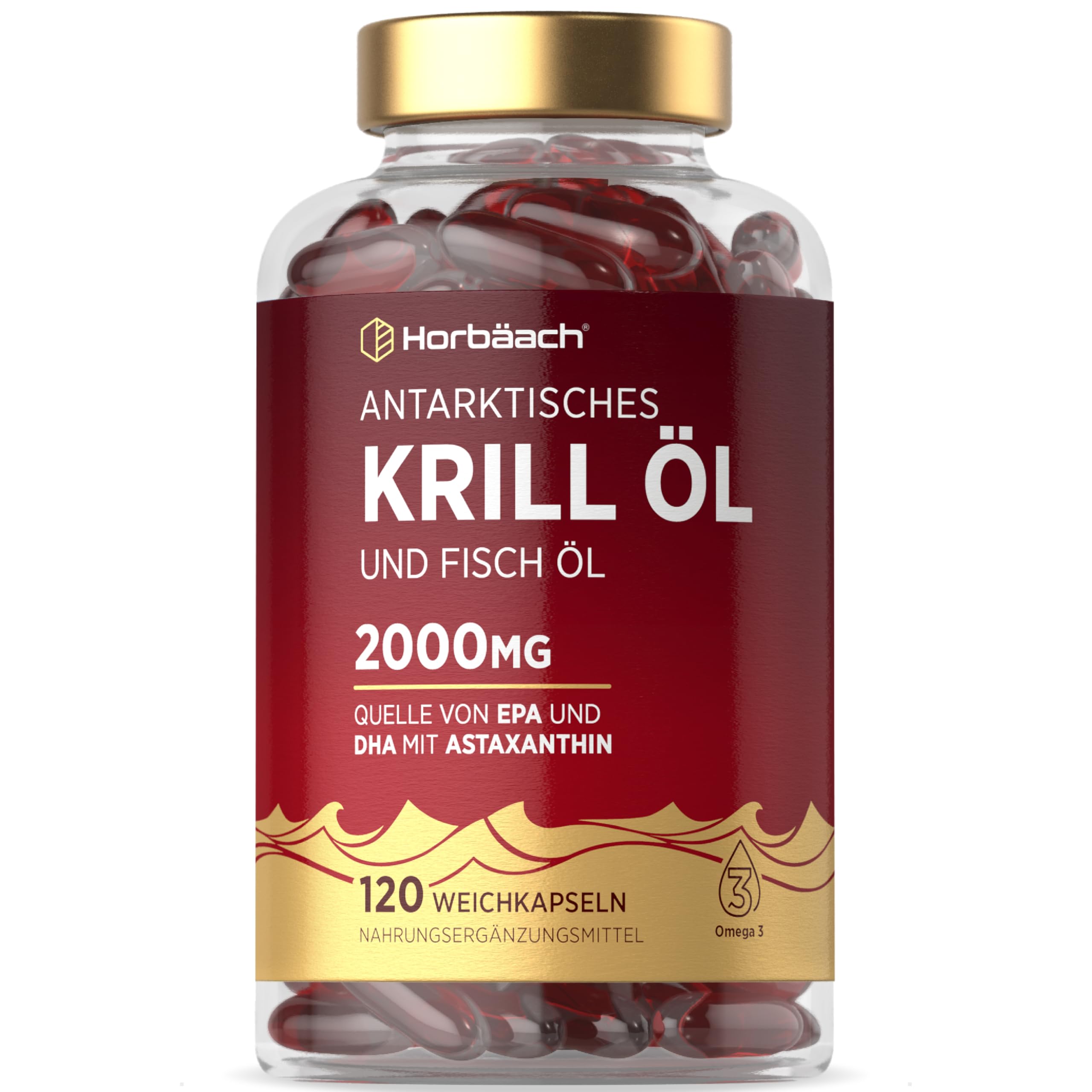 Krillöl Kapseln Hochdosiert 2000mg | Omega 3-340mg EPA/DHA mit 600 mcg Astaxanthin | Antarktis Krill | Alternative zu Lebertran | 120 Stück | Horbaach