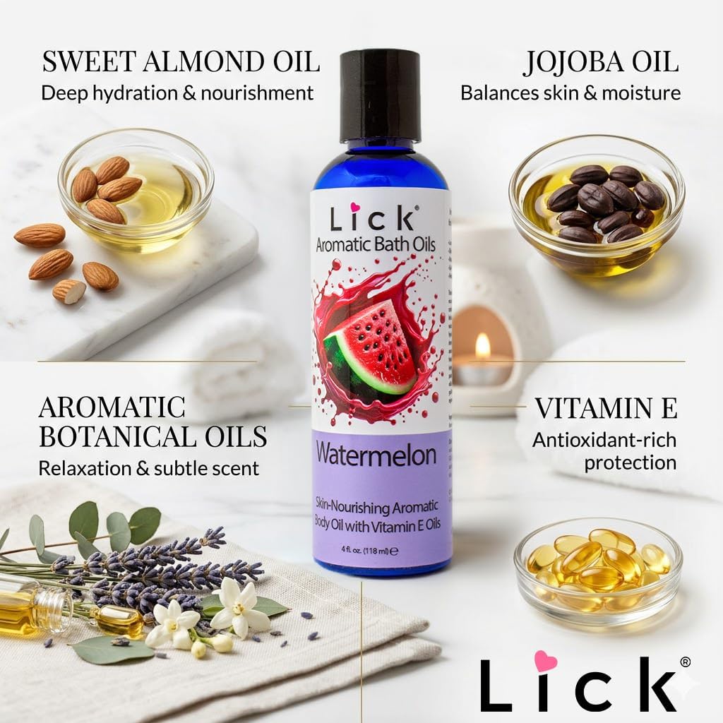 Lick Watermelon Aromatic Bath Oil - Fresh Fruit Aromas - Lightweight Bath Oils for Daily Hydration, 4 oz