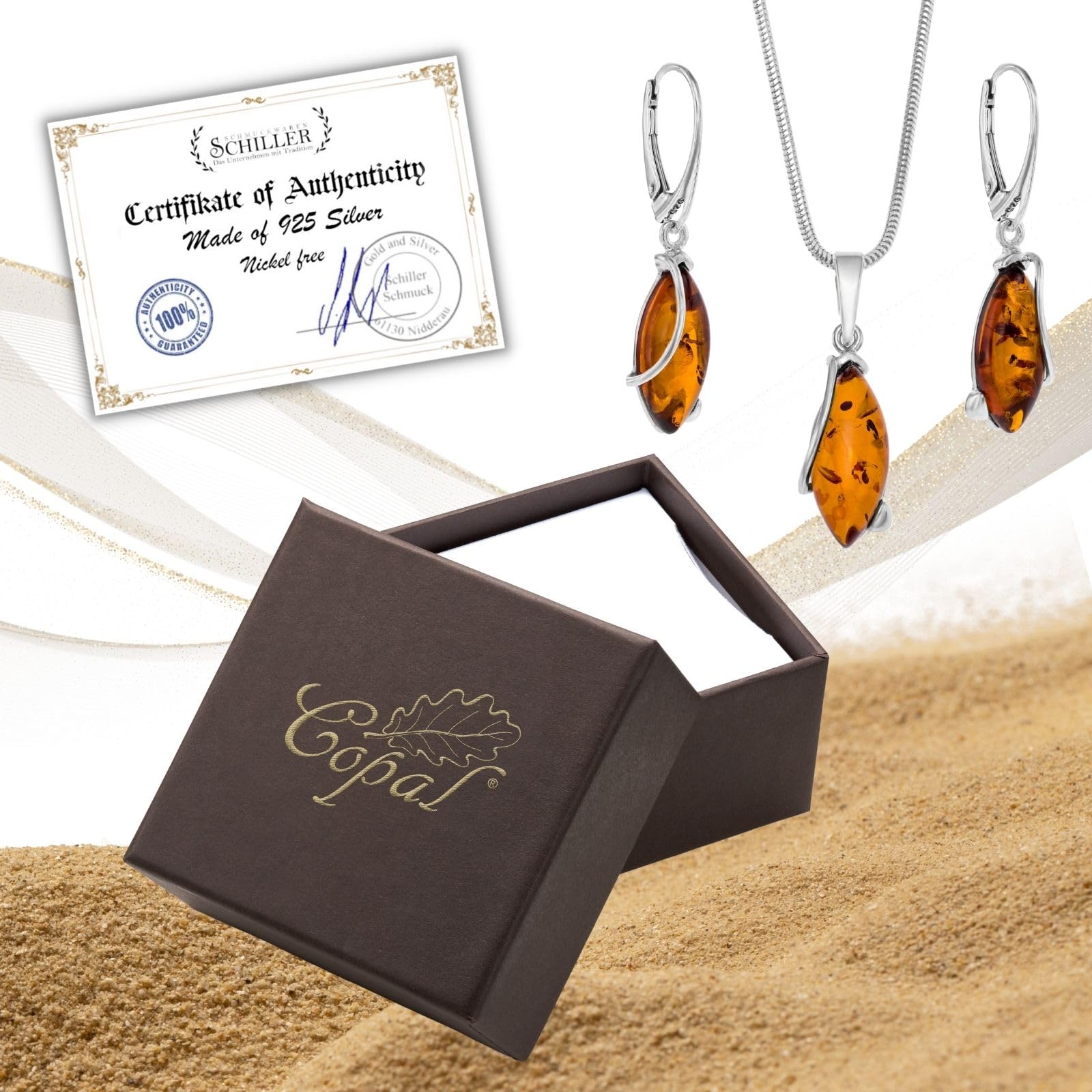 Copal Conjunto De Joyas Para Mujer Con Ámbar Y Plata 925 Con Cadena Ajustable