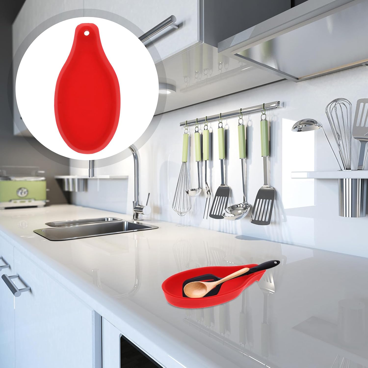 Silicone Spoon Rest 2pcs Red Stackable Heat Resistant Kitchen image 4