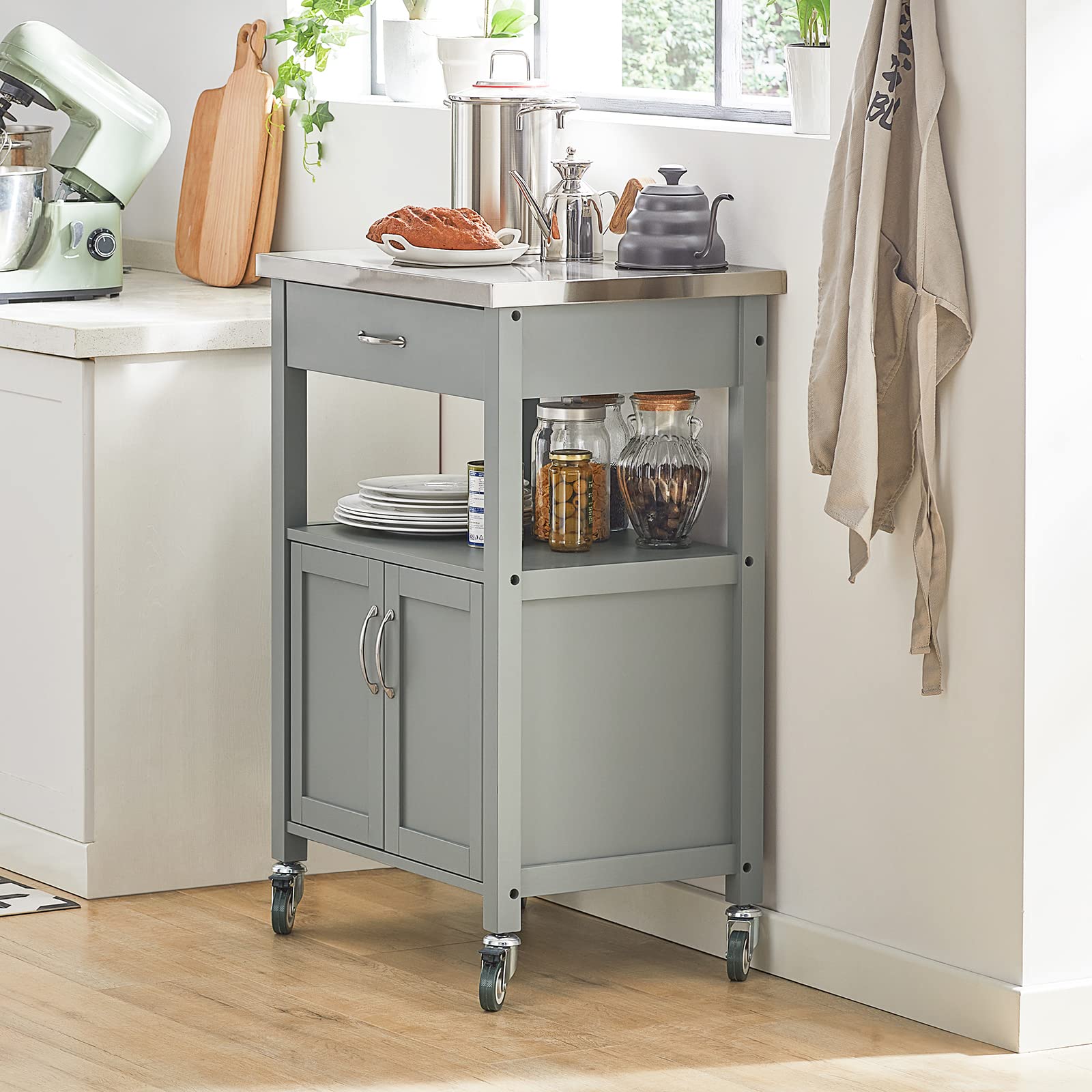 SoBuy Carrito Cocina con Ruedas, encimera INOX & 4 Ruedas, 60x92x44cm | Mueble Auxiliar con cajón, estante abierto & armario de 2 puertas, compacto, MDF, cocina & exterior & dormitorio, FKW22-HG