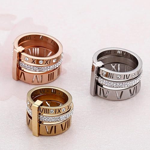 Miniatura 5 de Anillo de acero inoxidable con circonita cúbica y número romano para mujer, 3 en 1, anillos de boda Trinity